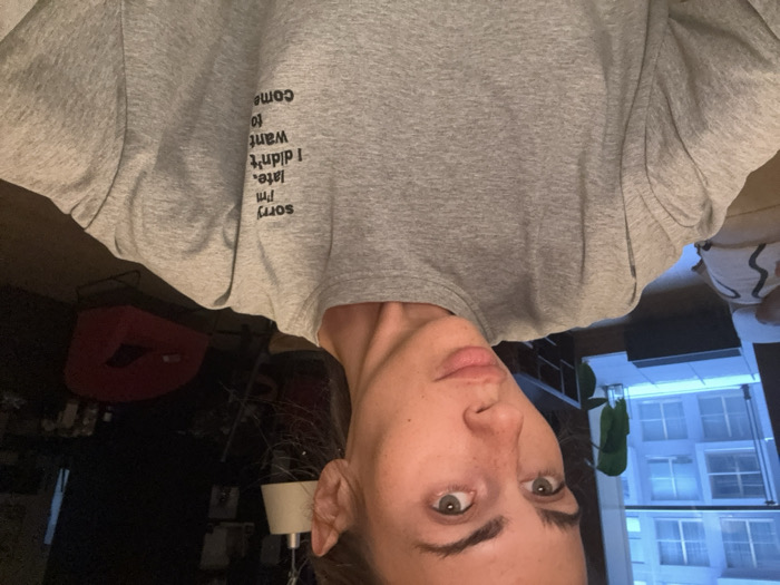 The image depicts a female subject captured in a selfie within an indoor setting in the city of Warsaw, Poland. The subject, with light hair pulled back, possesses green eyes and visible freckles across her nose and cheeks. She is wearing a grey, long-sleeved sweatshirt that features the text "sorry I'm late. I didn't want to come." printed in black on the wearer's right chest area. Her lips are slightly pursed, and her gaze is directed at the camera.
The background to the subject's left reveals a large window overlooking an urban landscape with a building facade and possibly reflections, alongside a dark potted plant. To the subject's right, the room is dimly lit, featuring a red armchair with a black metal frame and a floor lamp with a light-colored shade. The lighting suggests ambient light from the window complemented by subdued indoor illumination.