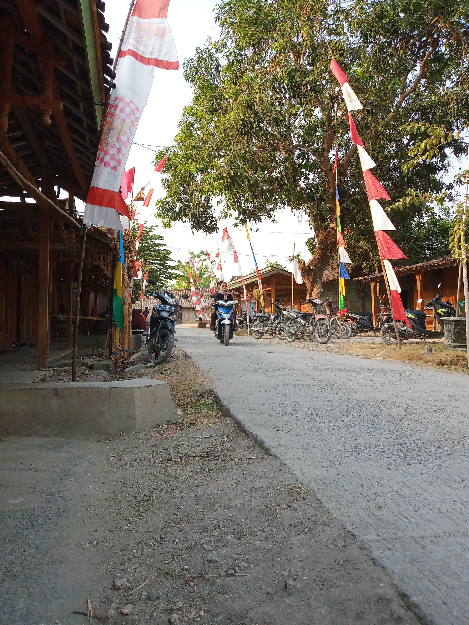 The image depicts a street scene in Rowobungkul, Indonesia, characterized by traditional wooden structures lining one side of a paved road. Numerous red and white flags, likely Indonesian flags, are strung along the street, fluttering in the breeze. Several motorcycles are parked on the side of the road and one is being ridden by a person wearing a hijab. The environment is rural with natural elements like trees and sparse vegetation. The lighting suggests it is daytime, possibly late afternoon, with warm sunlight casting shadows.