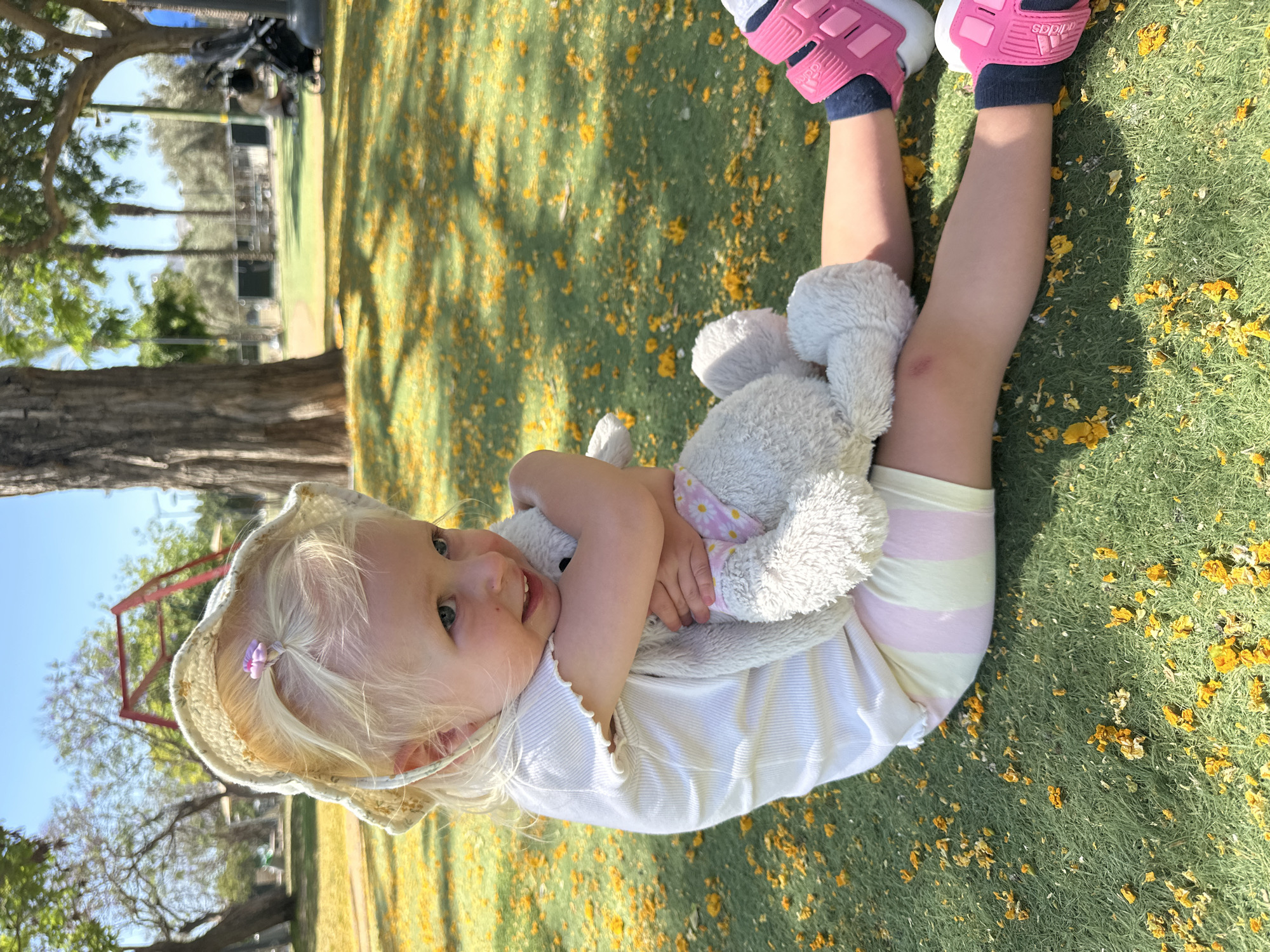 A young, fair-skinned child with blonde hair and blue eyes is seated on green ground covered with numerous small yellow-orange floral debris. The child wears a light-colored, patterned bonnet, a white ribbed short-sleeved top, and pale yellow and pink striped shorts. Dark blue socks and bright pink Adidas sandals are visible on the child's feet. A small purple flower hair tie secures a portion of the child's hair. The child's right knee displays a minor abrasion. The child is embracing a grey-white stuffed bunny with a pink and white daisy-patterned lower garment, looking towards the right with a slight smile.
The immediate ground appears to be either artificial turf or very short natural grass. In the background, large tree trunks frame the scene. To the left, a red metal playground structure is visible beneath a clear blue sky and various green-leafed trees. To the right, further trees, including palm trees, and what appears to be a dark-colored baby stroller or pram are present in the mid-distance, near the periphery of a park setting. The scene is illuminated by bright daylight, suggesting an outdoor park environment in Petah Tikva, Israel.