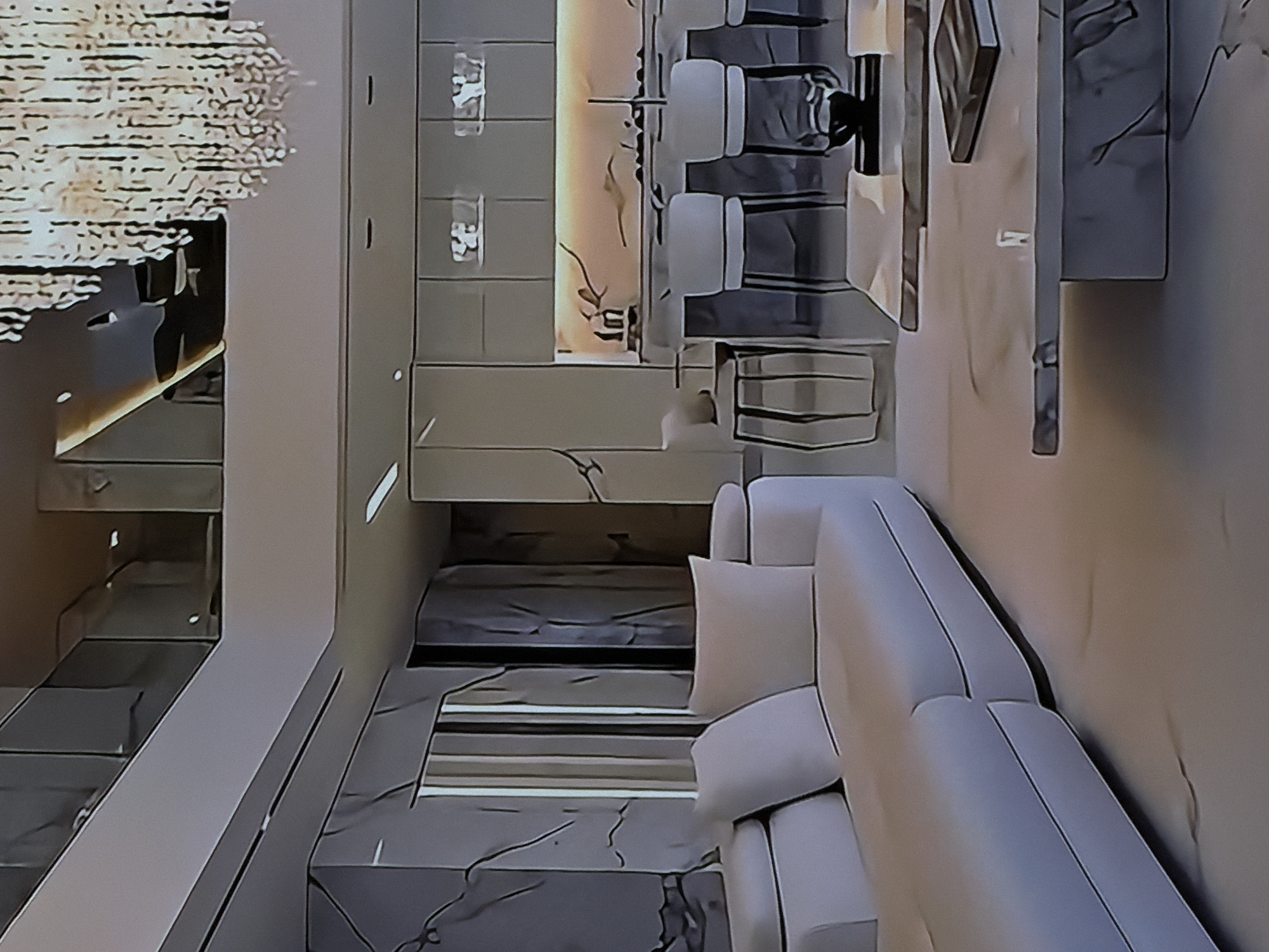 The image displays a modern and luxurious interior space, likely an open-plan living and dining area within a residence in Sofiivska Borshchahivka, Ukraine. No people are present.
In the foreground, on the right side of the frame, is a large, light-colored (off-white or light gray) sectional sofa adorned with several plush cushions. The flooring throughout the space is a dark, polished material, possibly marble or stone, featuring prominent lighter veining.
Further into the room, towards the middle and left, there is a dining area furnished with a sleek table and two modern chairs, which have light-colored seats and dark frames. The wall behind this dining arrangement features textured or paneled details, illuminated by integrated warm strip lighting. To the far left, a decorative chandelier with numerous small, glittering elements hangs from the ceiling, adding a touch of opulence. Below it, a unit with square display niches or shelves, made of a light-colored material, is built into the wall.
Various strip lights and recessed fixtures are integrated into the walls and ceiling throughout the room, providing warm, ambient illumination, suggesting the time of day is evening or night. The overall aesthetic is contemporary and high-end, characterized by clean lines, neutral color palettes, and sophisticated lighting design. The image itself has a stylized, somewhat digitally filtered or painterly quality. No visible text is present. The space conveys a feeling of comfort, elegance, and tranquility.