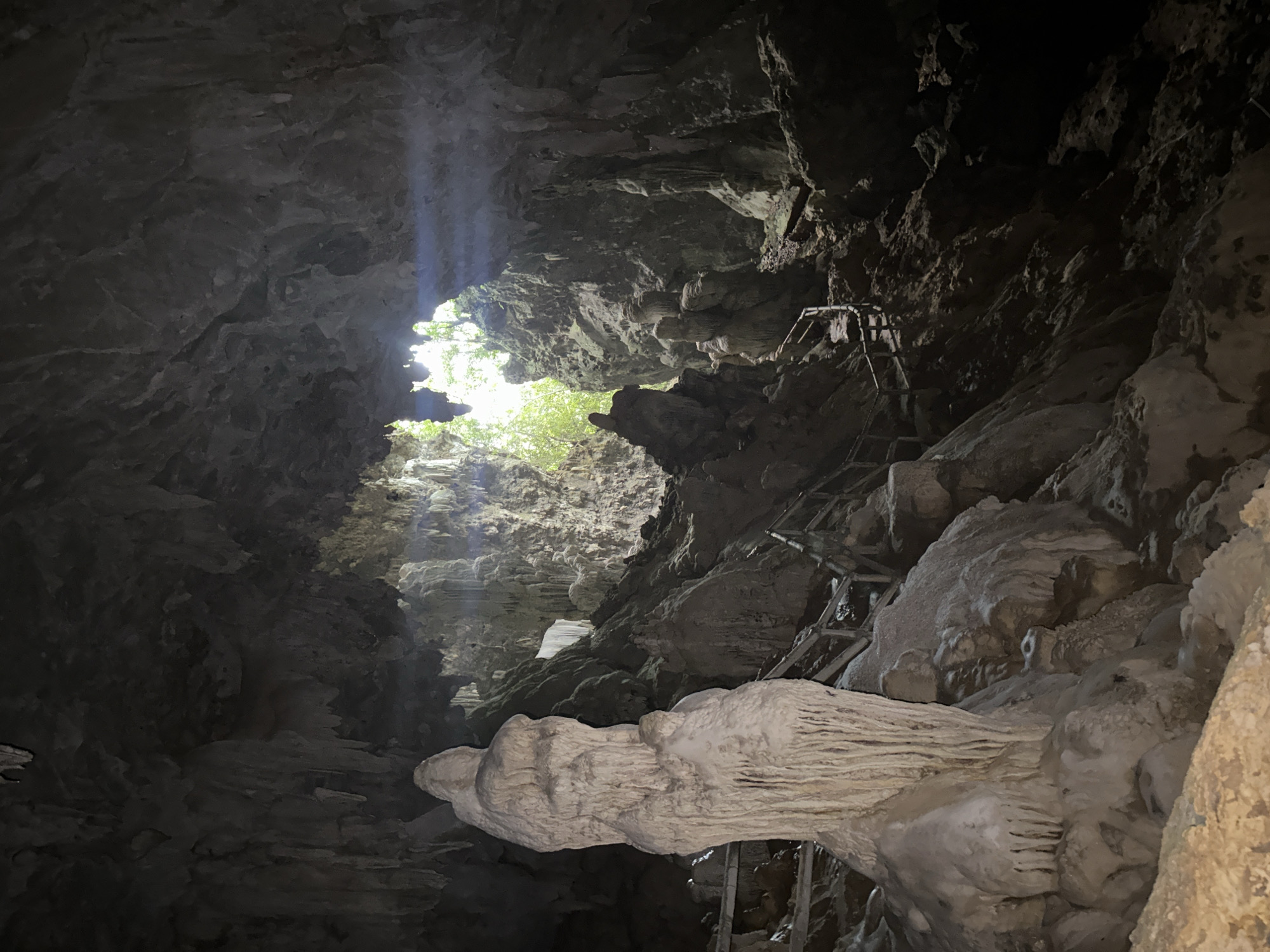 This image depicts the interior of a cave, possibly a natural tourist attraction in Mai Chau, Vietnam. The foreground is dominated by a large, irregularly shaped stalagmite, light in color and textured with vertical drip formations. To the left of the stalagmite, a wooden railing and steps are visible, indicating a pathway or trail.
The cave's interior is dark and cavernous, with a rugged, textured ceiling and walls characterized by stalactites and other rock formations. In the mid-ground and background, the cave opens up to reveal an exit or opening, through which natural light streams in. This light creates a visible ray or beam cutting through the darkness, illuminating the cave's upper reaches and the lush greenery of trees visible beyond. The opening reveals a rugged, rocky landscape with more cave features and dense vegetation. The overall impression is one of natural geological formations within a subterranean environment, with a contrast between the dark, enclosed cave and the bright, natural world outside.
