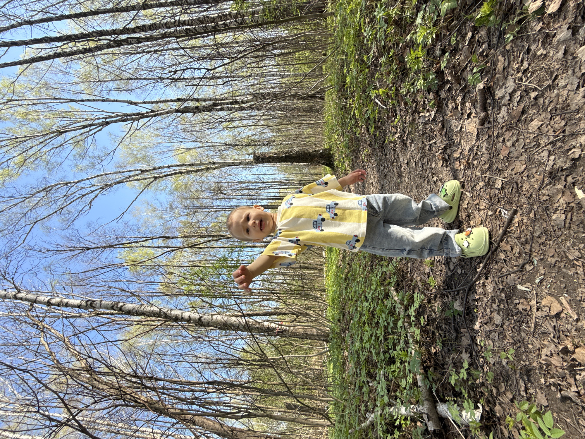 A child stands in a wooded area, presumably in Rusanovo, Russia, based on the prompt. The child, dressed in a yellow shirt with vehicles and light blue jeans, has green shoes. The child is looking at the viewer. The surrounding environment consists of bare trees. The ground is covered with leaves and some green vegetation. The sky is visible through the trees.