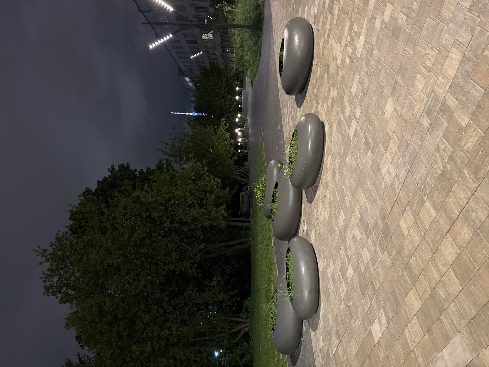 The photograph captures a nighttime view in what appears to be a park or urban green space in Saint Petersburg, Russia, as evidenced by the presence of the distinctive Saint Petersburg TV Tower in the background.
The foreground is dominated by a paved walkway constructed from rectangular pavers. A series of five large, gray, donut-shaped planters line the edge of the walkway, each containing greenery. Beyond the walkway and planters is a grassy area, bordered by dense trees.
In the distance, streetlights illuminate a pathway that recedes into the frame, lined by buildings. The sky is overcast, creating a muted ambient light.