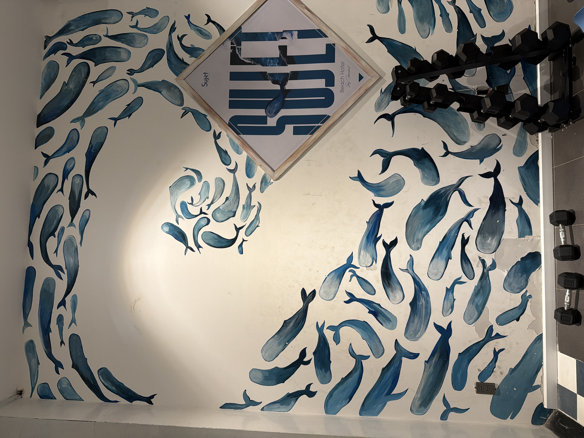 The image depicts a white wall adorned with a mural of blue whales in various sizes and orientations, creating a dynamic underwater scene. The style of the mural is loose and painterly. In the center of the wall, a framed, diamond-shaped artwork displays the word "SUJET" in large, bold, dark blue lettering, superimposed over a blue and white abstract image. Below "SUJET," the words "Beach Hotel" are visible in smaller text, followed by a signature. To the right of the framed artwork, a black dumbbell rack is filled with hexagonal dumbbells. In the foreground, several dumbbells are placed on a checkered floor. The lower portion of the wall shows signs of wear and peeling paint. The image appears to be taken inside a hotel or fitness facility. Based on the provided context that this image is located in Đà Nẵng, Vietnam, this scene is likely within a hotel in that city. There are no people visible in the image.
