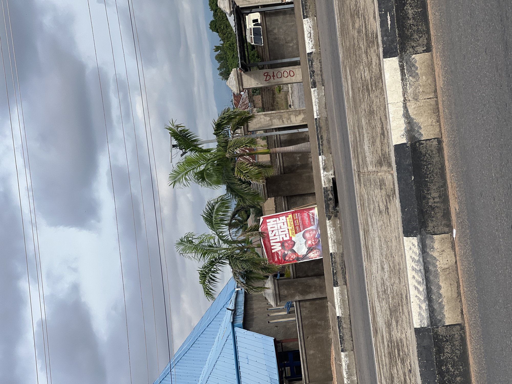 A wide shot captures a street scene in Jalingo, Nigeria, under a cloudy sky. On the left, a building with a blue corrugated metal roof stands behind a gray concrete wall. In front of the wall, a red poster with portraits of several men and the text "WUSOH 2026" is propped up. Two palm trees with green fronds are positioned behind the poster, with their trunks near the wall. Further to the right, a stone gate structure features a vertical inscription in red paint that appears to read "9+000". Beyond the gate, a white van is parked. The foreground shows a street with a concrete curb painted with alternating black and white stripes. The road surface is asphalt. The overall atmosphere is overcast.