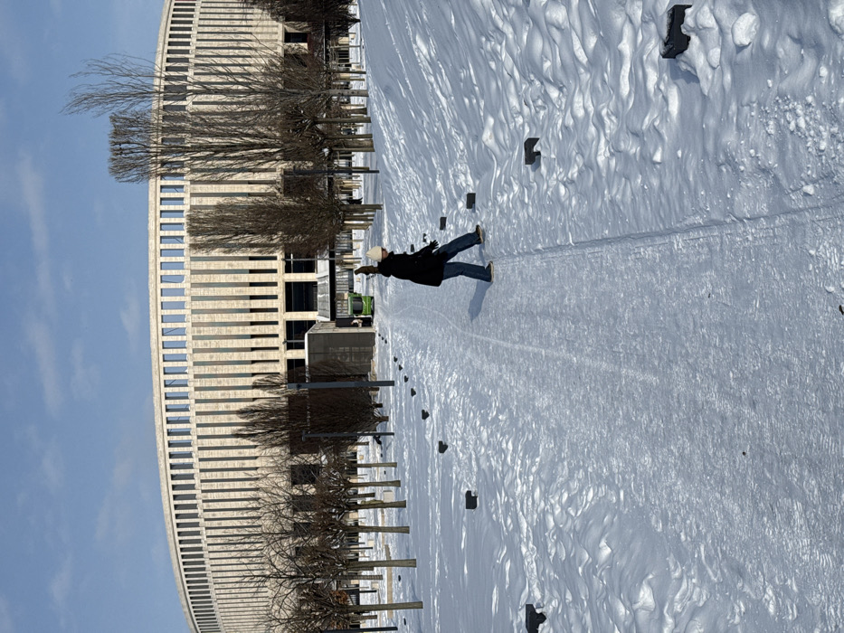 The image displays an outdoor winter scene in the Plodorodny microdistrict of Krasnodar, Russia, featuring Krasnodar Stadium under a clear blue sky. The stadium, a large, circular, multi-story structure, dominates the background with its light-colored, ribbed facade composed of numerous vertical rectangular window sections.
In the mid-ground, a solitary individual is seen walking on a cleared path of compacted snow and ice that leads towards the stadium. This person, with their back partially to the camera, wears a dark jacket, blue jeans, light-colored footwear, and a white beanie. Their right leg is lifted and extended, indicating a careful step on the potentially slippery surface.
The ground on either side of the path is covered with undisturbed, undulating snow. Small, dark, rectangular blocks are partially visible embedded in the snow, arranged in rows parallel to the path. Numerous bare deciduous trees are symmetrically planted in rows across the mid-ground, flanking the path and the stadium. In the far background, near a stadium entrance, a small green utility vehicle is visible alongside several indistinct figures. The overall environment is brightly lit by sunlight, consistent with a clear winter day.