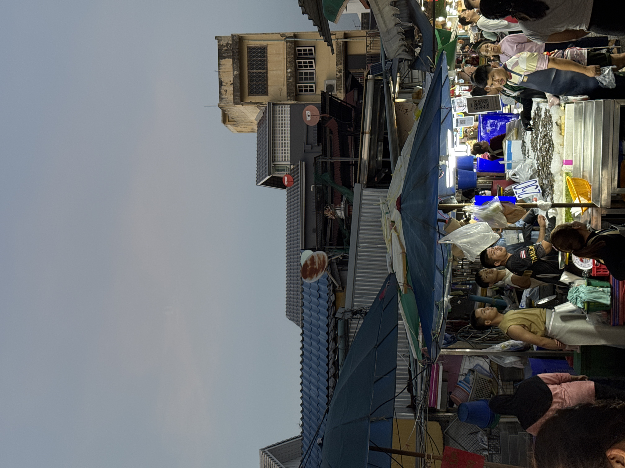 A bustling street scene, likely a market, in Pattaya City, Thailand at dusk.
Numerous vendors stand behind well-lit stalls filled with goods. Customers browse, engaging in commerce. People wear casual clothing, reflecting the warm climate. Blue and white tarps are used to provide shade and shelter.
Buildings flank the narrow street, suggesting a densely populated urban area. Satellite dishes and other utilities are attached to the buildings. The sky is an overcast gray, indicating the evening time.