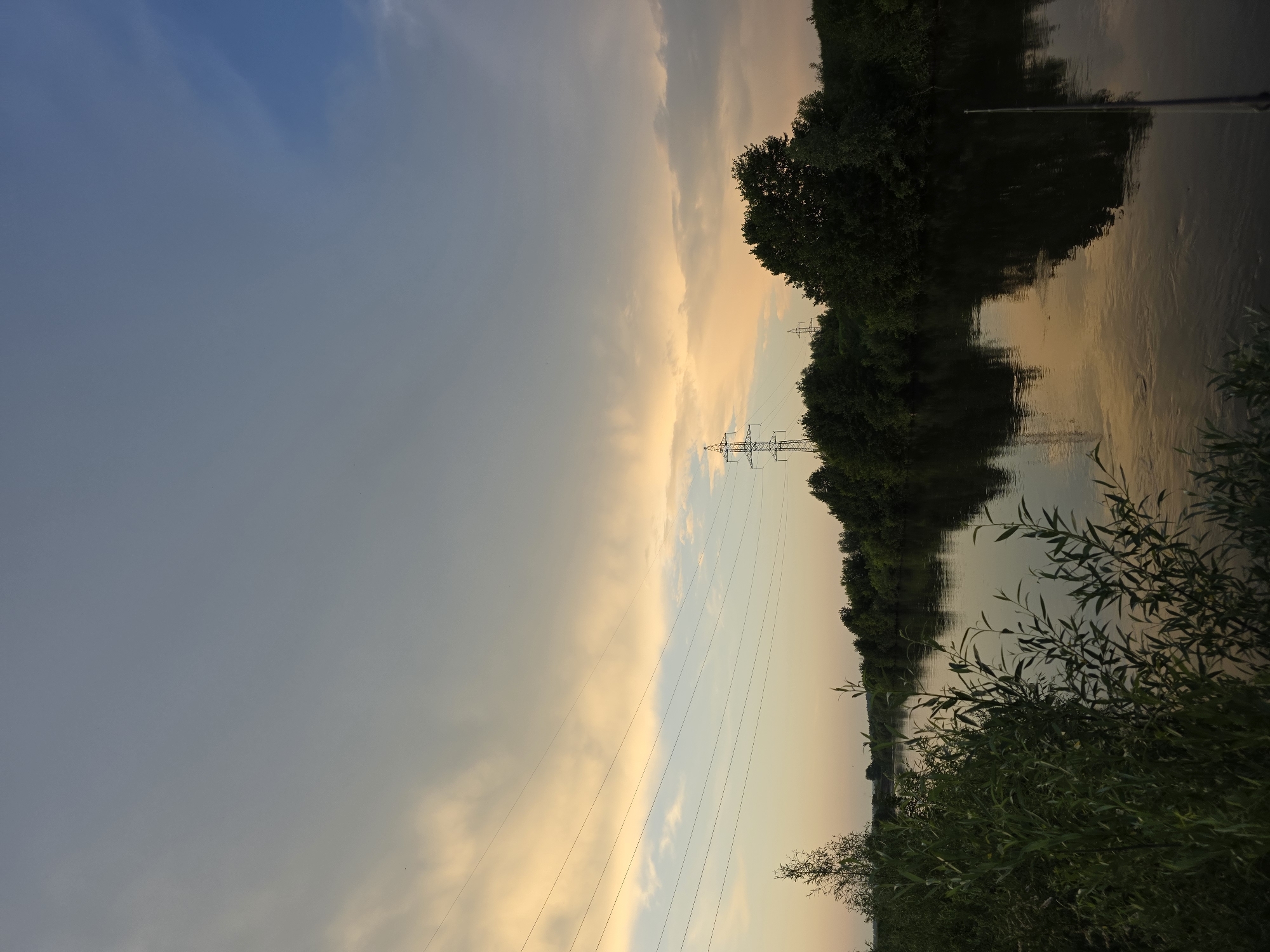 The image depicts a tranquil natural scene by a river, likely on the outskirts of Togashevo, Russia, during the golden hour. The sky is a gradient of soft blues and warm yellows, with scattered clouds. Power lines stretch horizontally across the frame, interspersed with two tall transmission towers visible in the distance. The river, with its calm surface reflecting the sky and surrounding trees, flows gently. Dense green foliage lines the banks, with lush trees forming a dark, solid mass against the horizon. In the foreground, a thicket of green plants and branches partially obscures the view. A fishing rod is also visible on the right side of the image, leaning into the water, suggesting human presence and recreational activity. The overall atmosphere is serene and picturesque, characteristic of a rural or natural landscape.