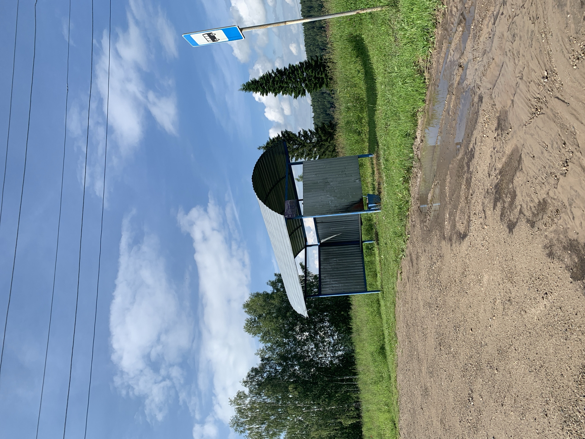 This is a medium-angle, eye-level, outdoor, daytime, photograph taken on a muddy, dirt road in Barsai, Russia. The scene depicts a rural bus stop with a simple, open-sided shelter. The shelter has a corrugated metal roof and green metal walls, supported by blue metal poles. A blue bucket sits on the ground beneath the shelter. To the right of the shelter, a blue and white bus stop sign is mounted on a pole. The background features a grassy field with a line of deciduous trees on the left and coniferous trees on the right. The sky is blue with scattered white clouds, and power lines are visible in the upper portion of the frame. The foreground is a muddy road with tire tracks and puddles of water.