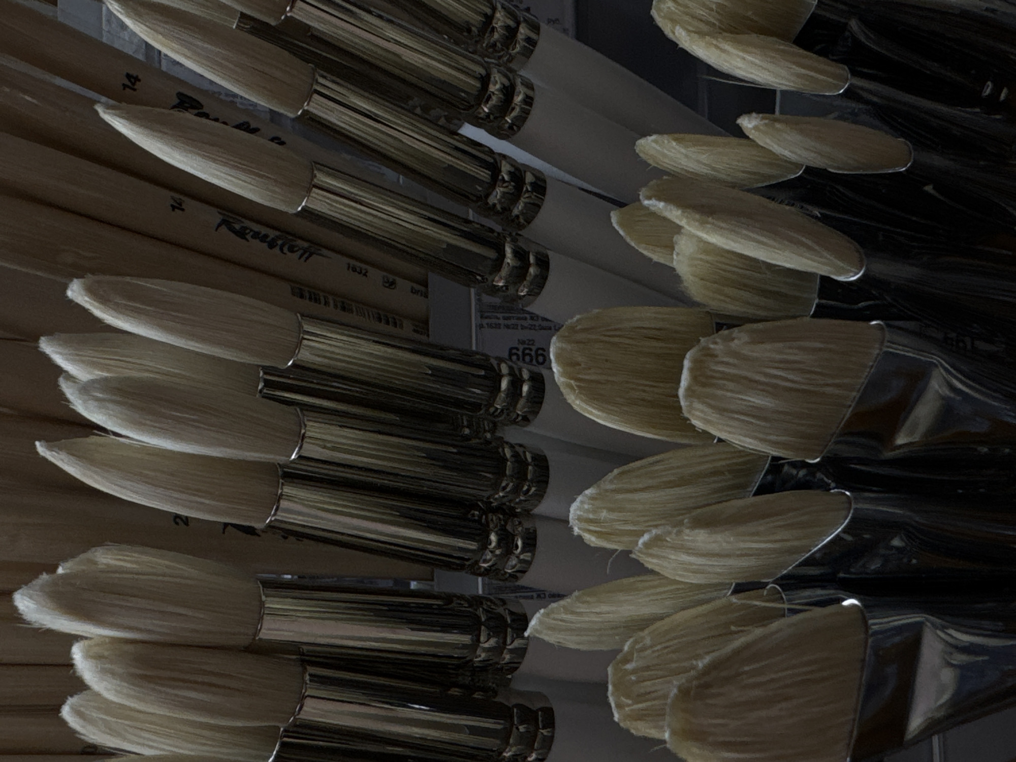 The image displays a close-up, angled view of a collection of large, round paintbrushes. The bristles are light beige and appear to be made of natural material, fanned out and forming rounded tips. Each brush has a metallic ferrule with a textured, ribbed design, and the handles are white and appear to be made of plastic or wood. The brushes are arranged in multiple rows, with the front row of brushes partially obscuring those behind. The background consists of more paintbrushes, with some of their handles and ferrules visible. There are faint markings or text on some of the brush handles, including what appears to be a partial word "Roubloff" and numbers like "14" and "666". The lighting is somewhat dim, creating shadows and highlighting the texture of the bristles and ferrules. The scene is a still life, with no people or action depicted. The image does not provide any information or context that would allow for the identification of a specific location in Moscow, Russia.