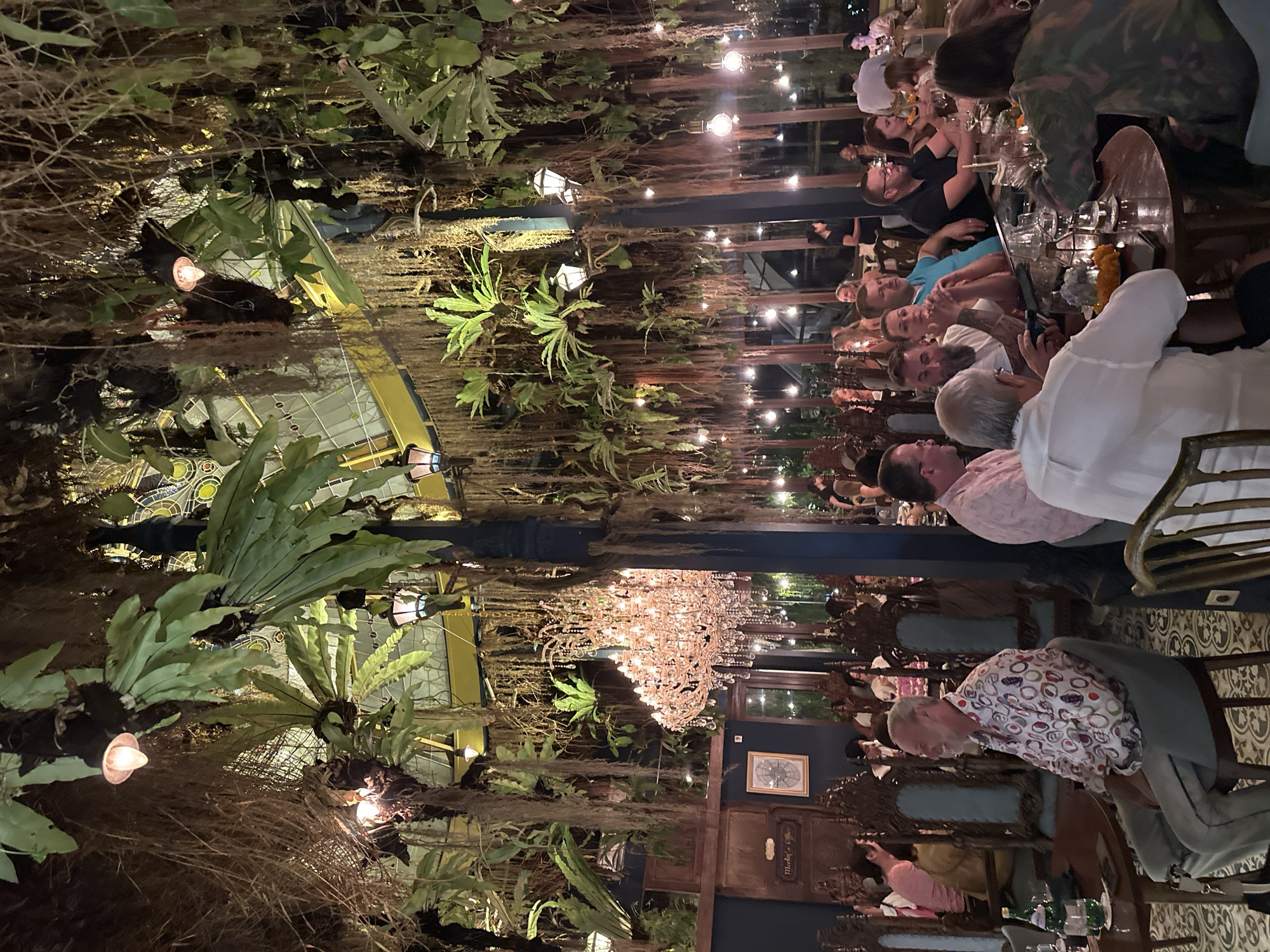 The image depicts a lively social gathering at a restaurant in the Ubud District of Indonesia, characterized by its unique and lush ambiance.
A long table is occupied by a group of people engaged in dining and conversation. Their attire suggests a casual yet refined setting. The restaurant's interior is notable for its decorative hanging plants, which appear to be ferns and other tropical foliage. These plants, coupled with strategically placed lighting fixtures, create a jungle-like aesthetic.
Above the diners, a large, ornate chandelier hangs, providing a focal point of illumination and adding a touch of elegance to the scene. The surrounding architectural elements include wooden furniture, tile flooring, and a dark-colored wall with an ornate door and framed art. This setting combines natural elements with sophisticated design, contributing to the restaurant's distinctive atmosphere.