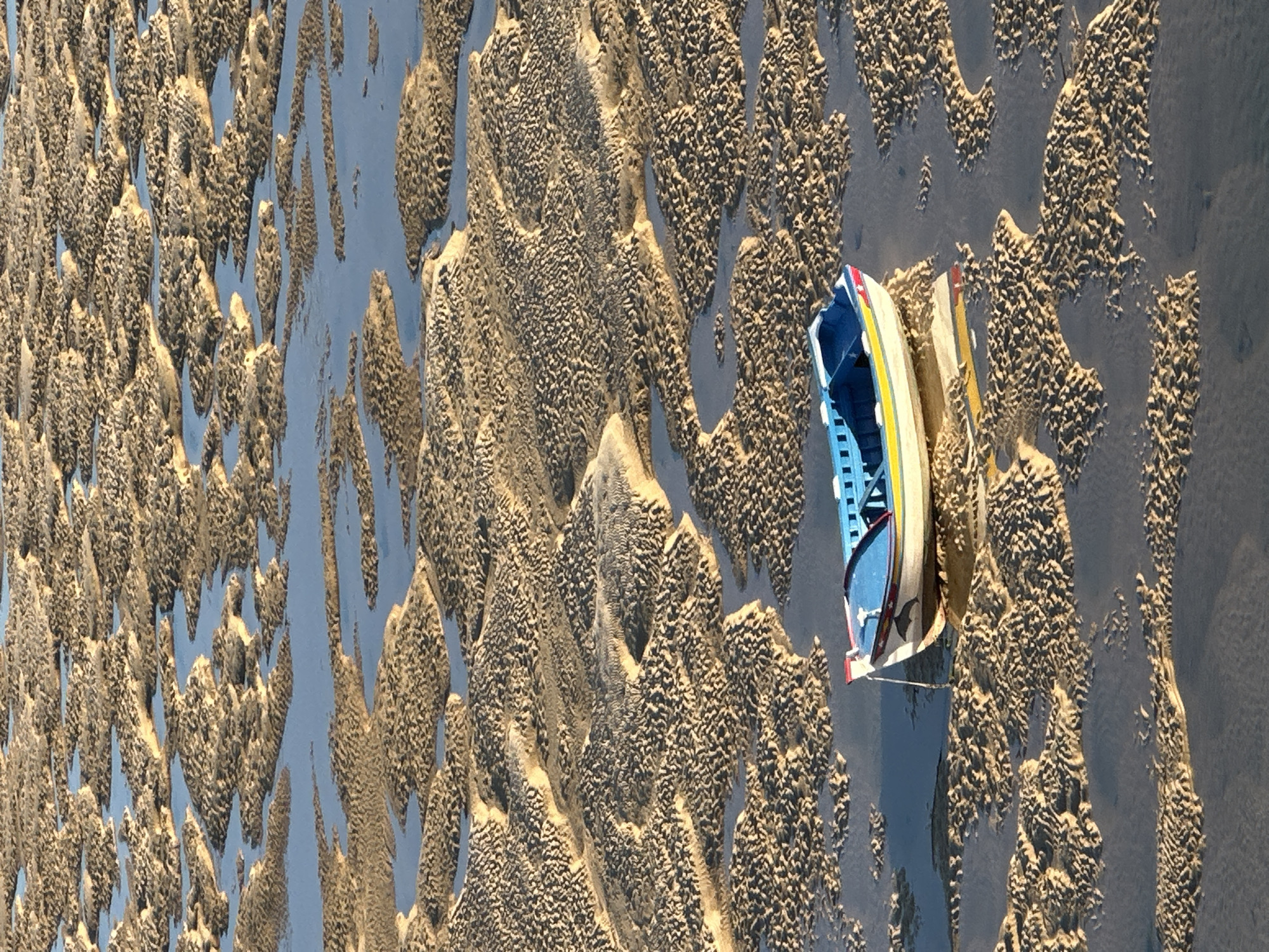 A boat is stranded in the sand in Vila Real de Santo António, Portugal. The sand is rippled and wet, reflecting the sky. The boat is blue and white with yellow trim, resting on two parallel rails.