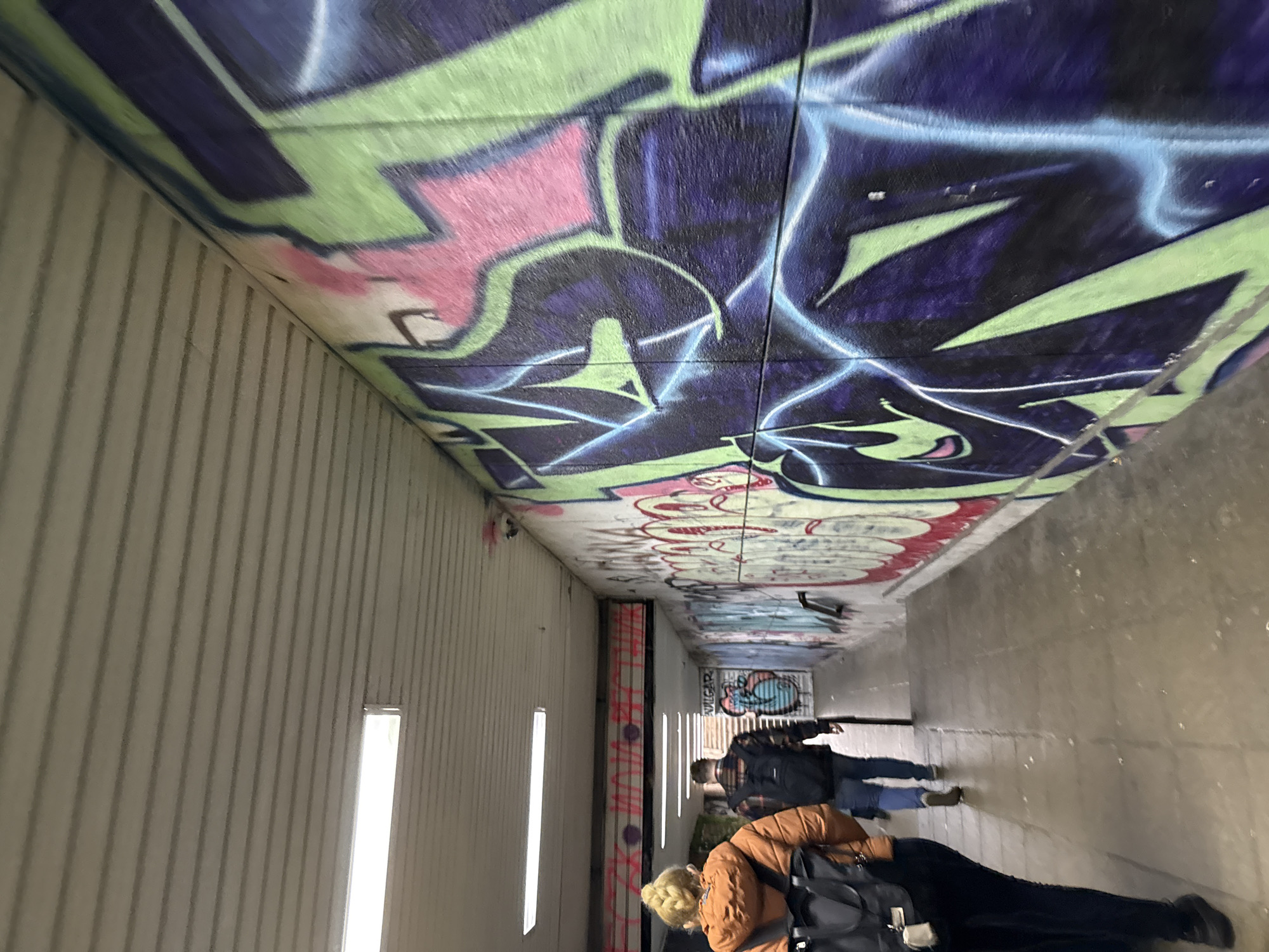 An indoor passage in Sofia, Bulgaria, possibly an underpass. The ceiling is covered with extensive graffiti art featuring green, pink, and blue colors. The walls are a dull grey. Several people are walking through the passage. A person wearing a light brown jacket and black pants is walking away from the camera. The other visible people are also walking away. The passage is illuminated by recessed rectangular lights on the left wall.
