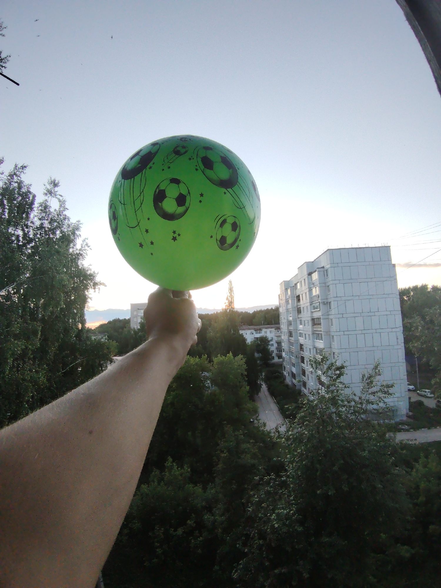 The image captures a first-person perspective from a height, likely a balcony or window, showcasing an arm holding a balloon against a semi-urban landscape at sunset.
In the foreground, a person's bare arm, lightly tanned and reaching upwards from the lower-center, holds a large, bright green spherical balloon. The balloon is adorned with black hexagonal patterns resembling soccer balls, along with smaller black stars and decorative swirls. The person's hand firmly grips the base of the balloon.
The scene outside features a mix of dense green foliage from numerous trees, which fill the mid-ground and extend towards the horizon. To the right, a prominent multi-story, light-colored apartment building with a grid-patterned facade and numerous windows stands tall, indicative of typical Eastern European architecture. Below the building, parts of a road or path are visible, with what appear to be parked cars. In the distance, a hazy line of hills or mountains meets the sky.
The sky is a clear, pale blue, transitioning to a warm, bright glow near the horizon, suggesting late afternoon or early evening. A few small, dark specks, possibly birds, are visible in the upper left quadrant of the sky. The overall setting appears to be a residential area in a town or city, consistent with the location cue of Chaikovsky, Russia. There is no visible text in the image.