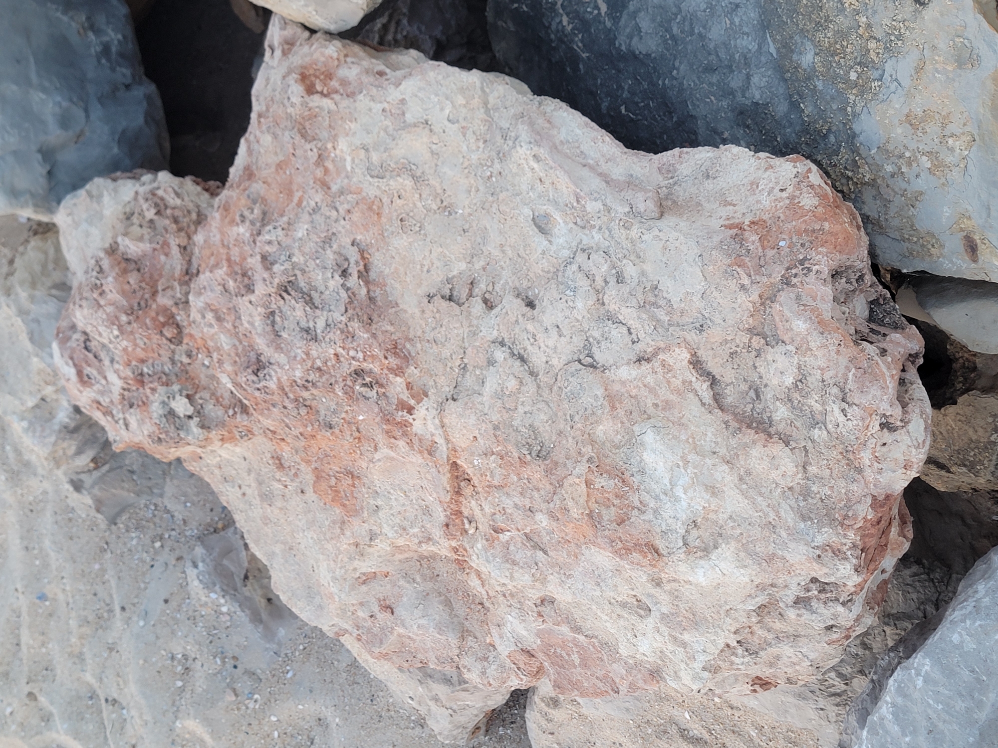 The image displays a close-up view of several large, weathered rocks in Quarteira, Portugal. The foreground is dominated by a prominent, light-colored rock with reddish-brown striations and a rough, porous texture. This rock is positioned on top of and next to other rocks, some of which are darker gray and appear to be situated on sand. The overall environment suggests a coastal or rocky terrain. There are no people or animals visible in the image, nor any discernible actions or interactions. The lighting indicates an outdoor setting, likely during daylight hours. The rocks are the sole subjects, presented in a static, natural arrangement.