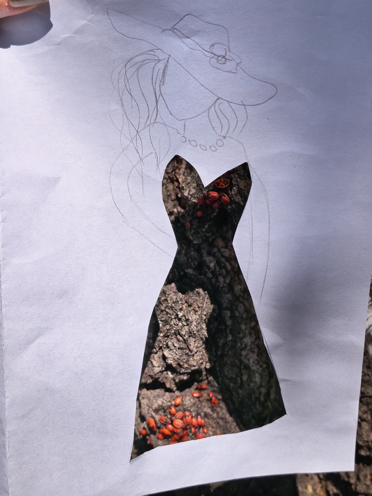 A close-up, top-down shot of a piece of white paper with a drawing of a woman wearing a hat and a necklace, on which a cutout in the shape of a dress reveals a close-up of tree bark and a cluster of bright red insects. The paper is on a rough, dark surface, possibly wood or ground. The lighting suggests it is outdoors.