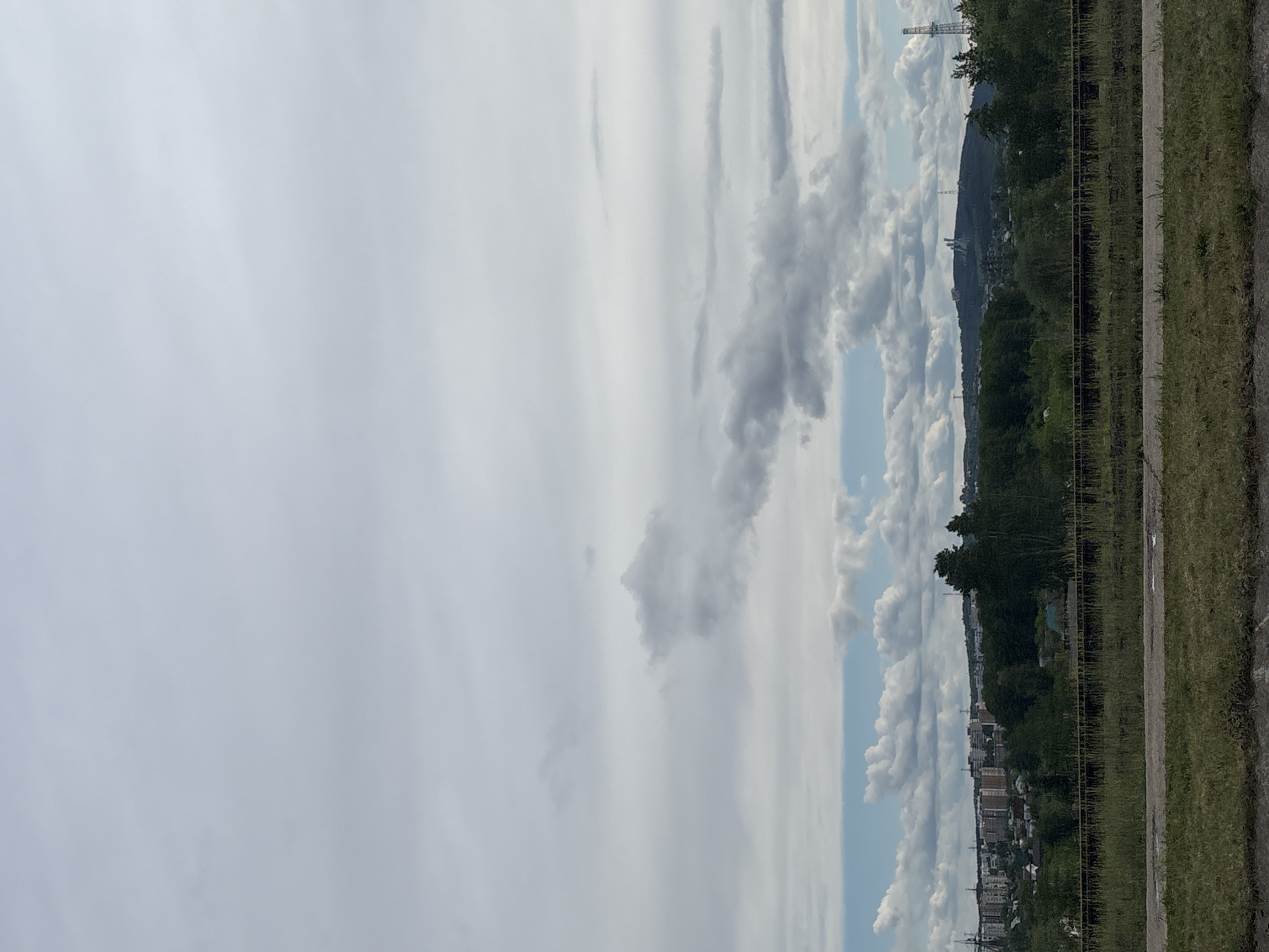 The image presents a cityscape of Chaikovsky, Russia, under a sky with varying cloud cover. The perspective is at ground level, with a concrete sidewalk or curb separating the viewer from a grassy area. Behind the grassy strip, a dense row of trees obscures much of the city, although buildings are visible in the gaps. A hillside rises in the distance, dotted with structures and power lines. The sky transitions from a solid white on the left side of the picture to a mix of white and gray clouds.