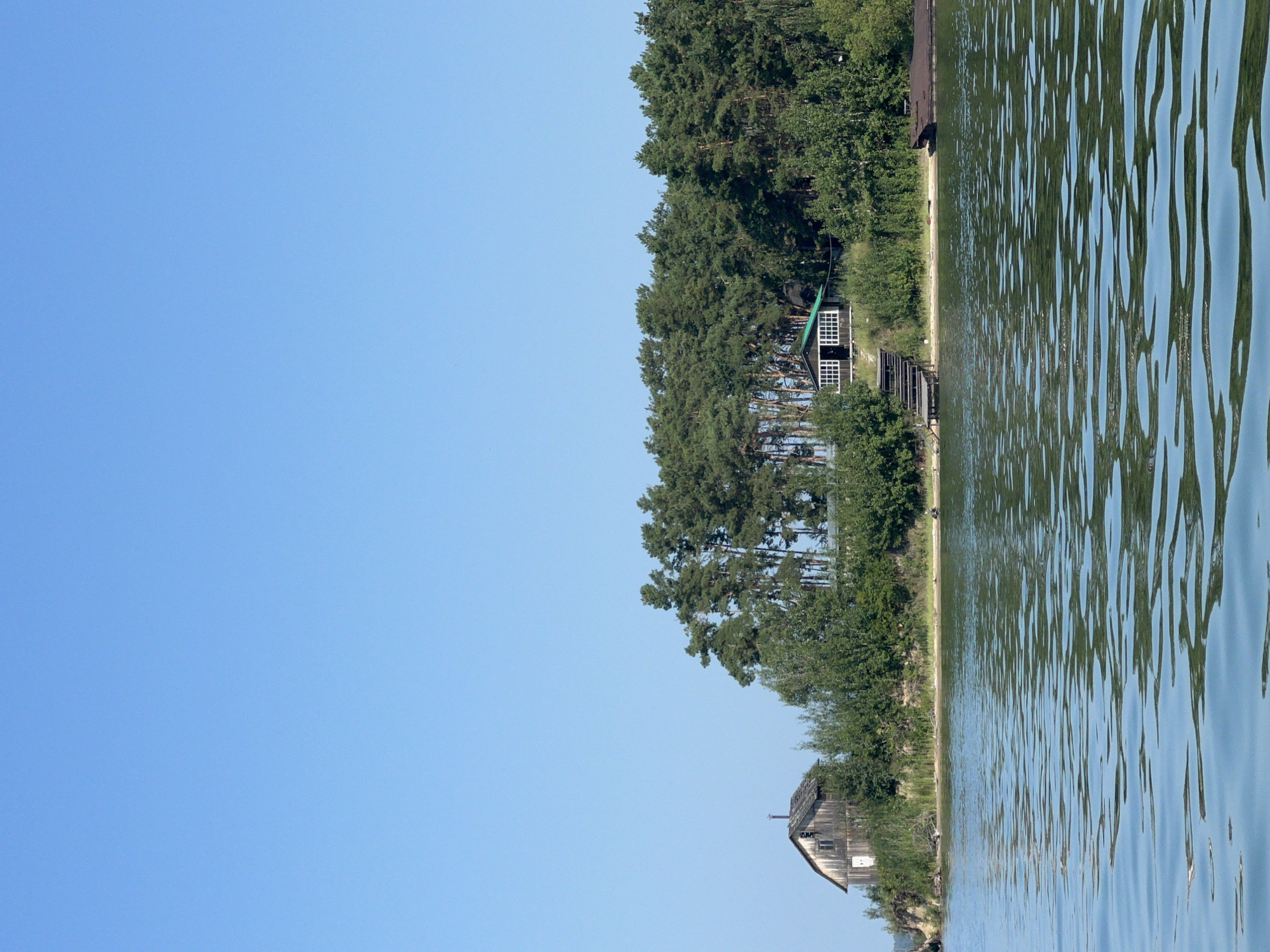 A clear blue sky dominates the upper half of the image, with a tranquil body of water occupying the lower half. Along the shoreline, a cluster of trees, predominantly tall pines, forms a dense green backdrop. Nestled among the trees are two structures: a rustic wooden building with a gabled roof and a smaller house with a green roof and white-trimmed windows. A set of wooden stairs leads down to the water from the smaller house. A dark, elongated object, possibly a boat or barge, rests on the water to the right. The water's surface is gently rippled, reflecting the sky and surrounding greenery. The scene depicts a secluded natural setting with modest human habitation.