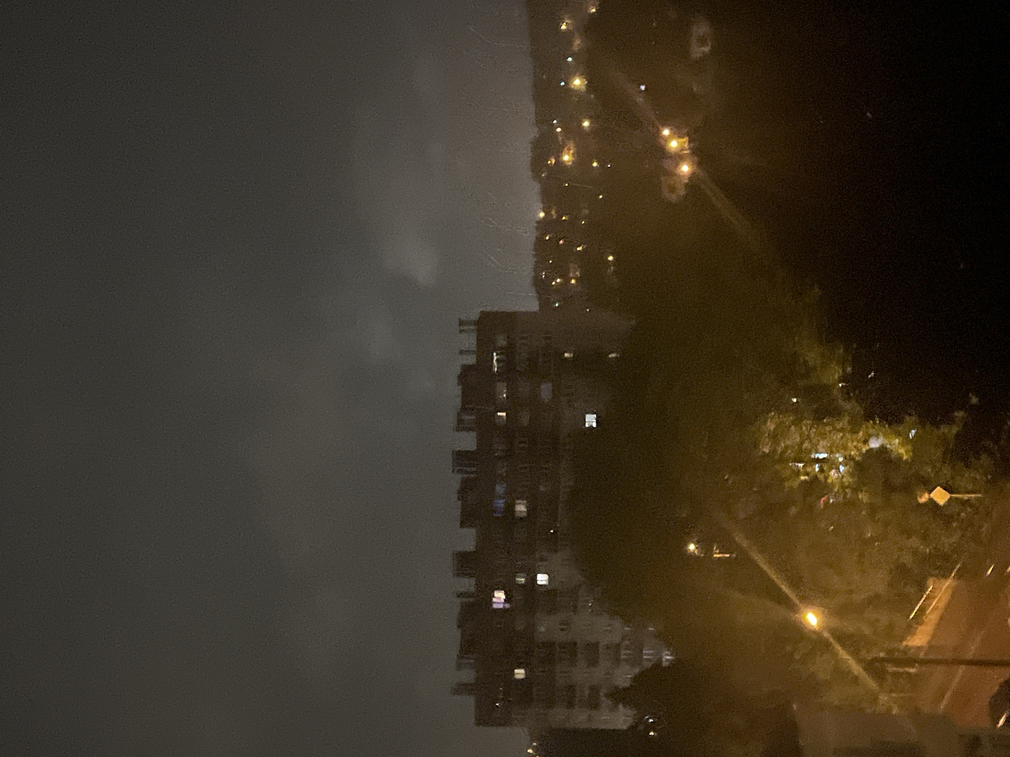 The image depicts a nighttime urban scene. In the foreground, a dark, blurred mass of trees and foliage dominates the lower portion of the frame, with a streetlamp casting a warm yellow glow upwards and to the left. A partially visible road is visible in the bottom left, with a faint red line and a yellow diamond-shaped sign to the right of the streetlamp.
In the middle ground, a large, multi-story apartment building is prominent. The building is dark, with numerous illuminated windows scattered across its facade, suggesting occupancy. To the right of the apartment building, a sprawling cityscape of houses and smaller buildings is visible, marked by scattered yellow and white lights. The sky above is dark and overcast, with faint, wispy clouds. The overall impression is one of a quiet, residential area at night.
