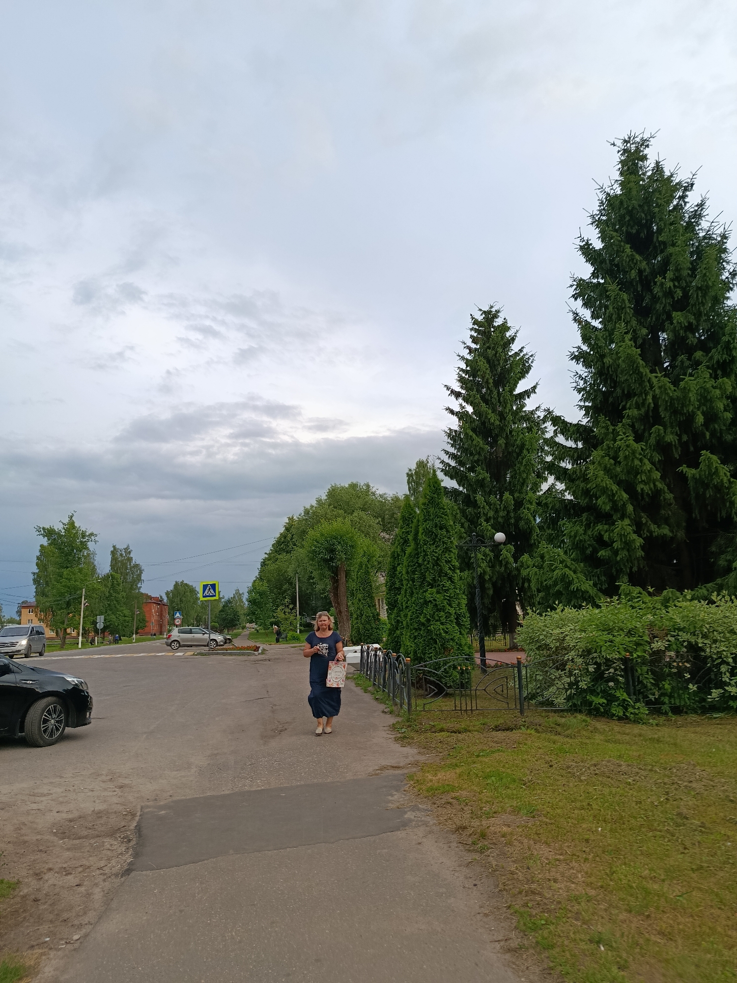 The image depicts a street scene in Verkhoyansk, Russia, on a cloudy day. A woman in a dark blue dress is walking from right to left, holding a white bag with a patterned design. She is on a paved sidewalk adjacent to a road where two cars are visible: a silver sedan crossing an intersection and a black car parked on the left. The street is lined with trees and bushes, with a pedestrian crossing sign in the distance. Two large evergreen trees stand prominently on the right side of the frame, partially obscuring a black metal fence and a manicured lawn. In the background, several residential buildings are visible. The overall atmosphere is overcast and serene.