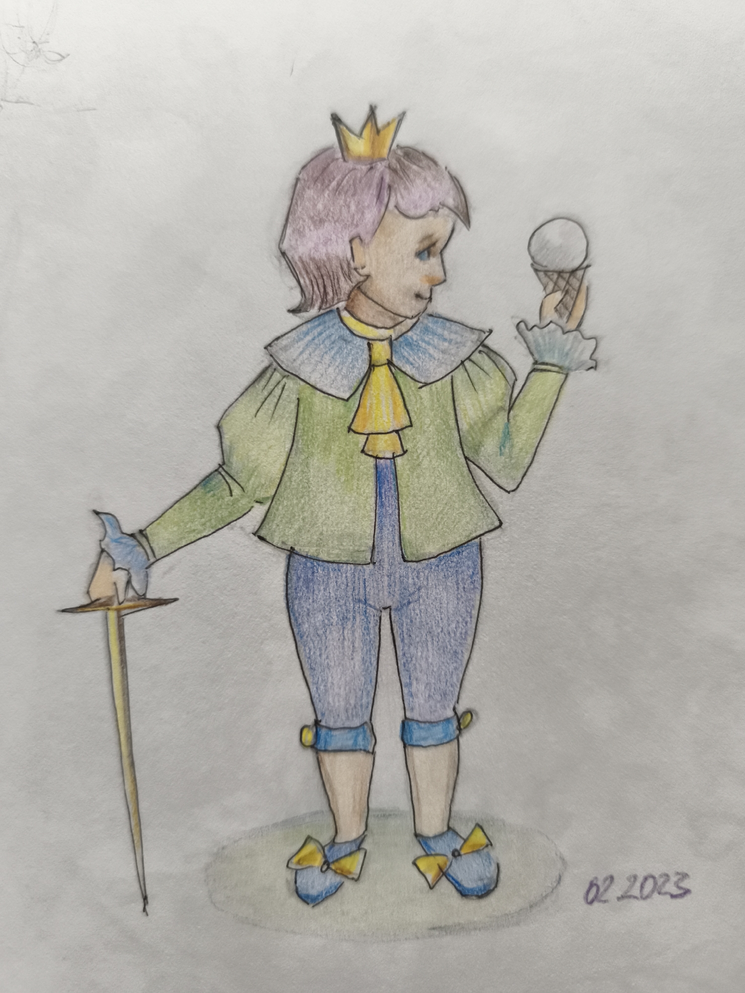 A colored pencil drawing depicts a stylized figure, appearing to be a young person, wearing a golden crown, a light green jacket with a blue ruffled collar and yellow cravat, and blue trousers. The figure holds a golden-hilted sword in their left hand and a white ice cream cone in their right hand. The background is plain white. The drawing is signed "02 2023" in the bottom right corner. There is no indication of the city of Saint-Denis, France.