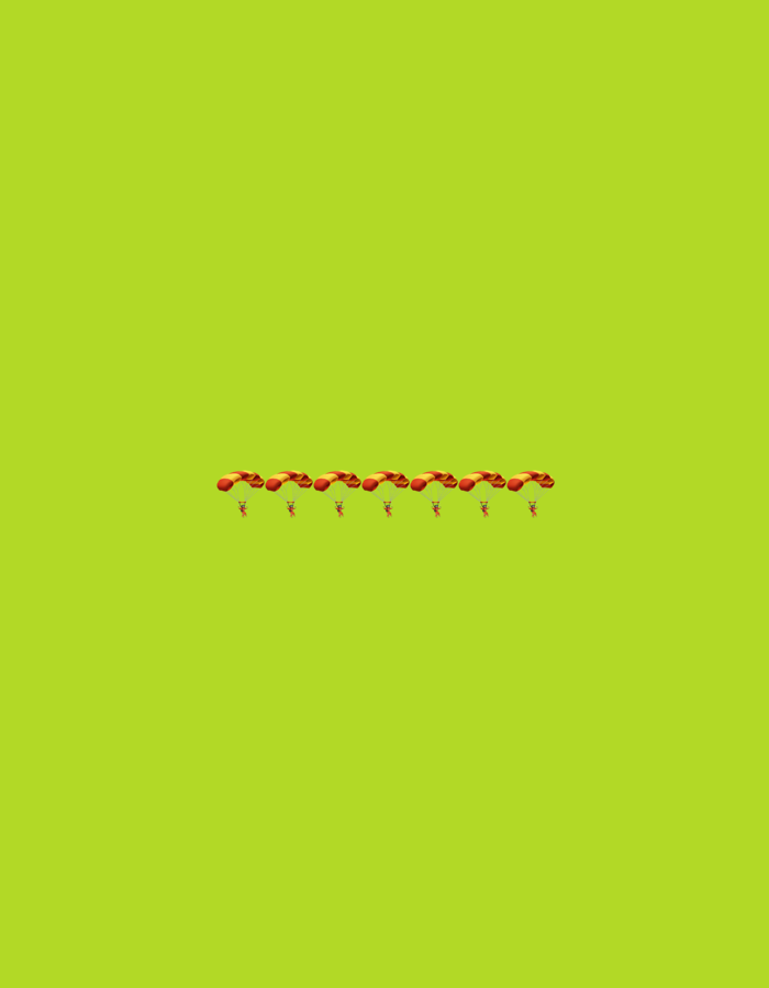 The image shows a row of seven parachutists against a bright green background. Each parachutist is depicted in a small, stylized manner, with red parachutes and small, human-like figures suspended beneath them. The parachutists are evenly spaced and aligned horizontally across the lower center of the frame. There is no discernible urban environment or any reference to the city of Gorzow, Poland. The scene is abstract and lacks any contextual details beyond the depiction of the parachutists.