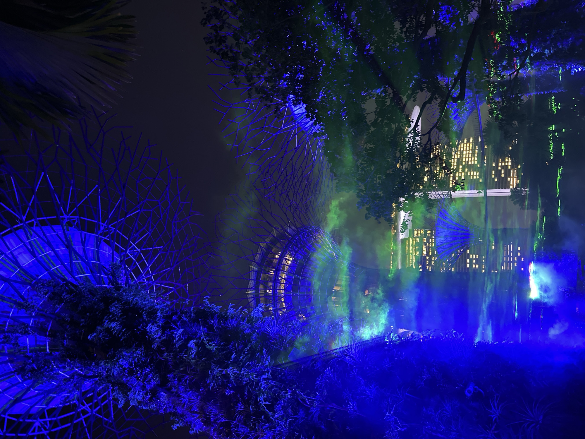 The image depicts Gardens by the Bay in Singapore at night. The scene is dominated by the Supertree Grove, illuminated with vibrant blue and green lights. The Supertrees, which are vertical gardens, are structures resembling trees with large canopies, and they are interconnected by a skywalk. In the background, the Singapore skyline is visible, with illuminated skyscrapers and the characteristic domes of the Cloud Forest and Flower Dome conservatories. Wisps of green and blue fog or mist are present, adding to the atmospheric and surreal quality of the nighttime display. The foreground features lush foliage, also lit by the artificial lights, with reflections visible on a dark, watery surface, likely part of the gardens' water features. The overall impression is one of a futuristic and visually spectacular urban park.