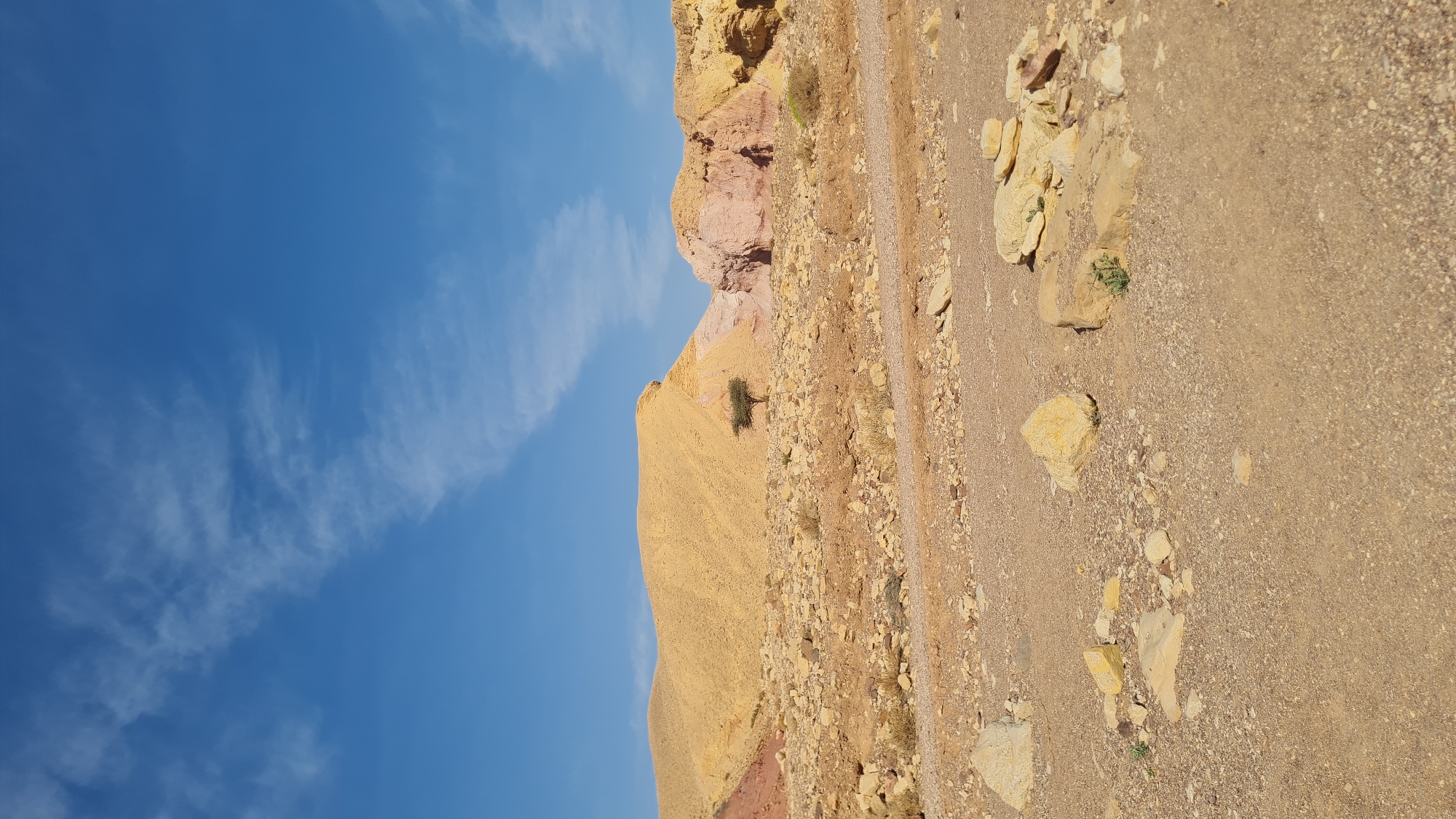 The image depicts a landscape within the Hevel Eilot Regional Council, Israel. The scene includes a blue sky with wispy clouds, a rocky, arid terrain composed of yellow, orange, and reddish-brown rock formations, and a gravelly path or surface littered with scattered stones. A single, small tree stands on a hillside.