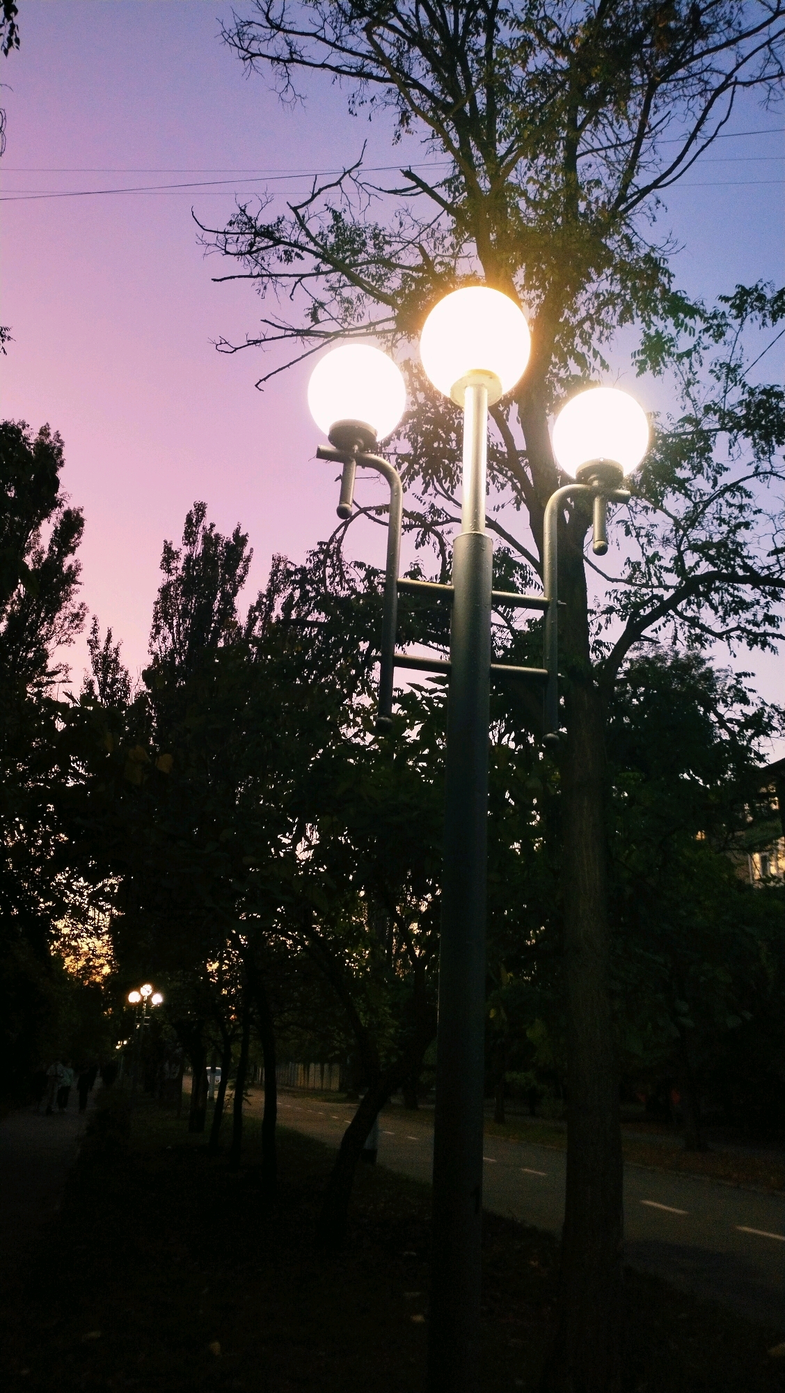 A triple street lamp illuminates a park walkway at dusk in Horishni Plavni, Ukraine. The sky is a gradient of soft pink and pale blue, indicating either sunrise or sunset. The street lamp, made of dark metal, has three spherical, white light fixtures. It is situated to the right of the frame, close to a large, bare-branched tree.
To the left of the street lamp, a paved walkway runs alongside a grassy area with fallen leaves. Several people, appearing as dark silhouettes, are walking on the path in the distance. Further down the path, more street lamps with similar spherical lights are visible, casting a warm glow.
The walkway is bordered by trees with dark green foliage. Beyond the trees, a paved road with white markings is visible, and a hint of a building can be seen in the far distance. The overall atmosphere is serene and quiet, typical of a park in the early evening.