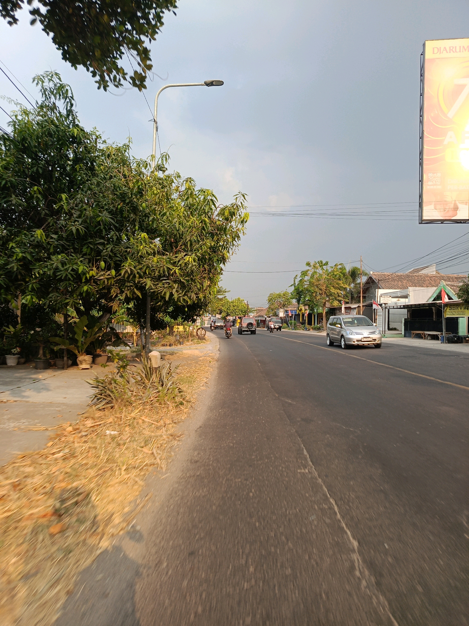 The image depicts a roadside scene in Kincang Wetan, Indonesia, under a hazy sky. The foreground is dominated by a paved road with a grassy, dry verge on the left. A large, leafy tree stands prominently on the left side of the road, with several green mangoes visible on its branches. Potted plants are arranged along the sidewalk.
Further down the road, various vehicles are visible, including cars and motorcycles, suggesting moderate traffic. Buildings line the right side of the road, appearing to be shops or houses with tiled roofs. A large billboard advertising "DJARUM" is situated on the far right, partially obscured by the edge of the frame. Power lines crisscross the sky above. The overall impression is of a typical, sun-drenched street in a rural or suburban Indonesian setting.