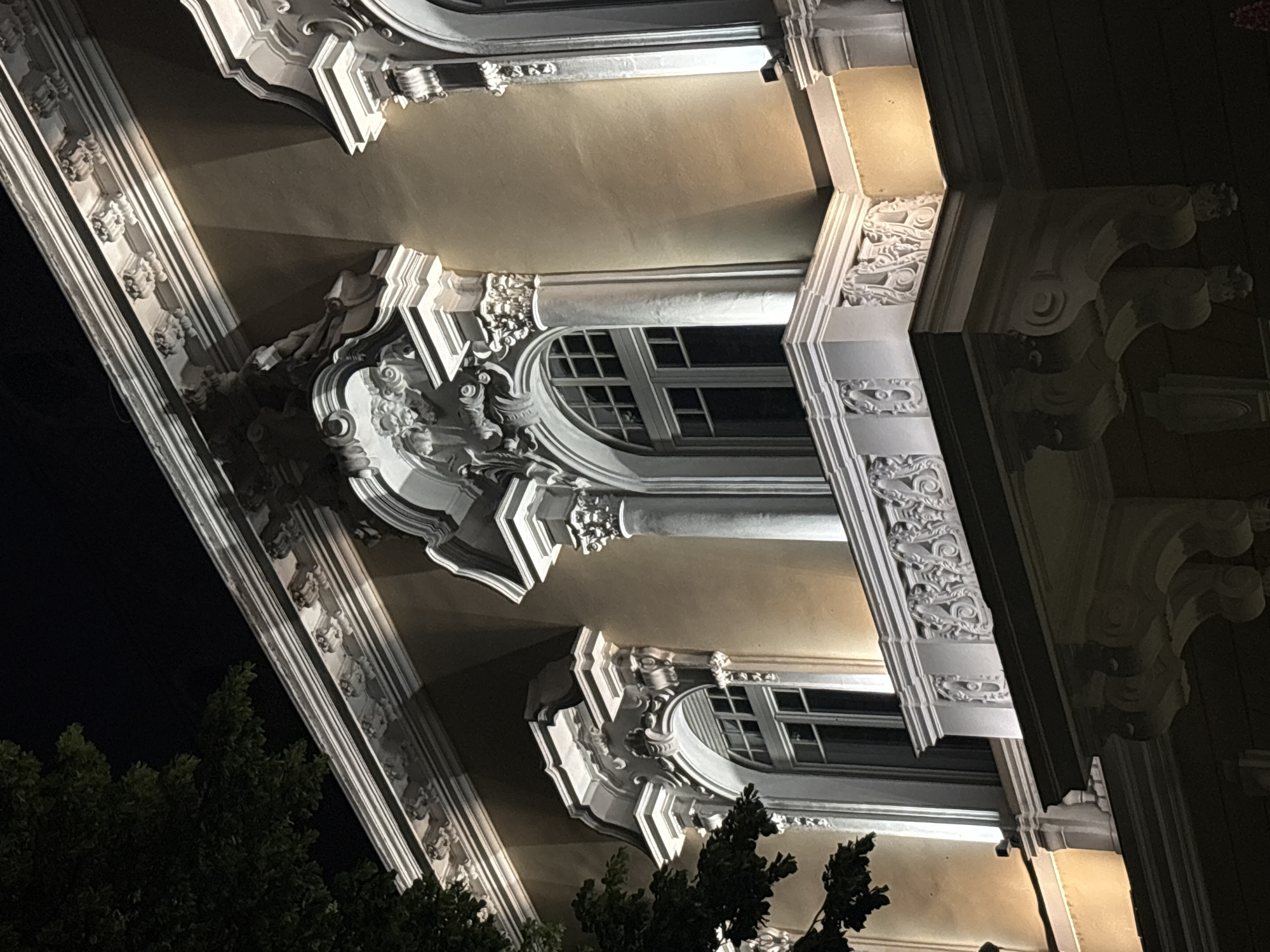 Here's a concise description of the image:
The image shows a section of an ornate building facade at night, likely located in Sofia, Bulgaria, given the architectural style. The building features arched windows, decorative molding with floral and figural motifs, and illuminated exterior. Trees are visible in the foreground, partially obscuring the base of the building. The angle of the shot is upward, suggesting the photographer was standing near the base of the building. The building is constructed from stone. There are no people or actions in the image.