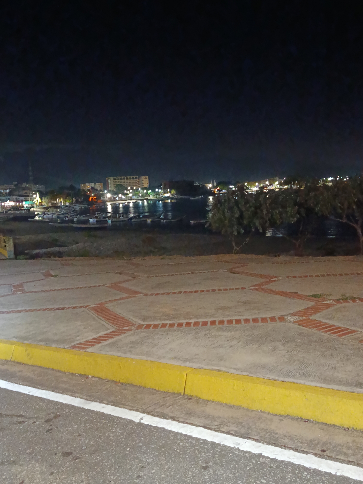 At night, the scene depicts an overview of the harbor of Juan Griego, Venezuela, observed from a paved area near the waterfront. The foreground shows a yellow curb along a street with a white dividing line. Beyond the curb, the paved area has a pattern of large, gray concrete squares interspersed with red brick pathways. In the middle ground, low vegetation borders the water. Boats are visible in the harbor, illuminated by the city lights. Buildings and other structures can be seen lining the coast. The sky is dark, adding to the nocturnal setting.