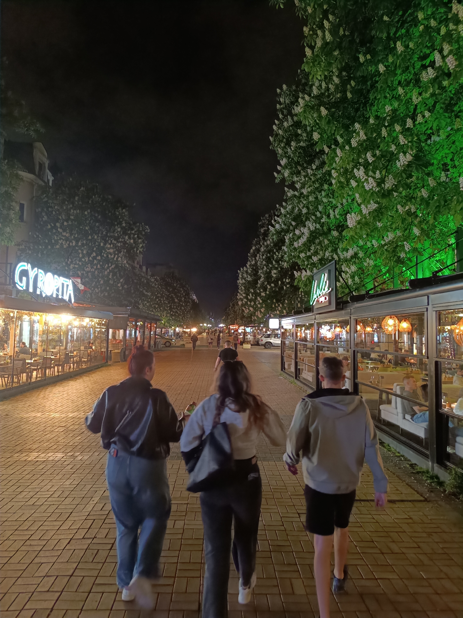 Three young people walk away from the viewer down a brick-paved pedestrian walkway at night. On either side are restaurants with outdoor seating areas. The restaurant to the left has a neon sign that reads "GYROPTA." The restaurant to the right has a neon sign that reads "VILLA." The trees lining the walkway are in bloom with white flowers. People are seated at tables in the restaurants. Additional people and cars are visible further down the walkway. The sky is dark. The city is likely Sofia, Bulgaria, due to the restaurant names and architectural style.