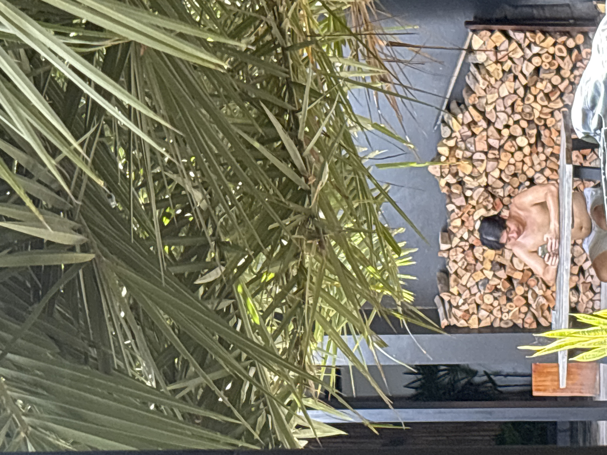 The image depicts a young man sitting at a wooden table, looking at his phone. He is shirtless and wearing light-colored shorts. Behind him, a large stack of firewood is visible against a grey wall. The scene appears to be outdoors, with palm fronds overhead creating a shaded area. The environment suggests a warm climate, possibly a resort or a residential outdoor space. Based on the context provided, this scene is located in Baan Bang Rak, Thailand.