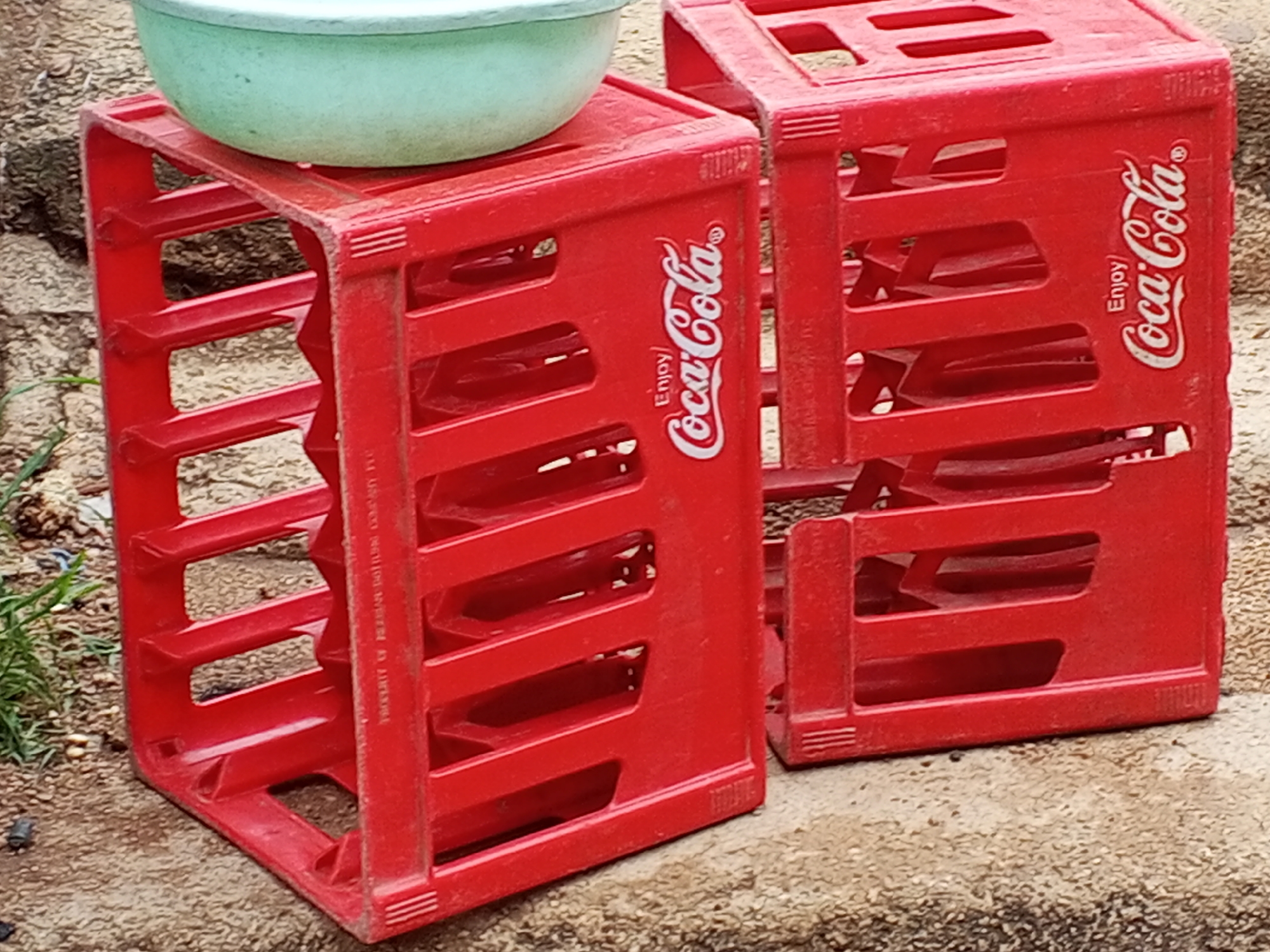The image shows two red plastic Coca-Cola crates stacked on a concrete surface in what appears to be an outdoor setting. A light-green plastic bowl rests on the upper crate. The location is Gwong, Nigeria. There are no visible people or actions taking place in the immediate scene. Some vegetation is visible in the background on the left.
