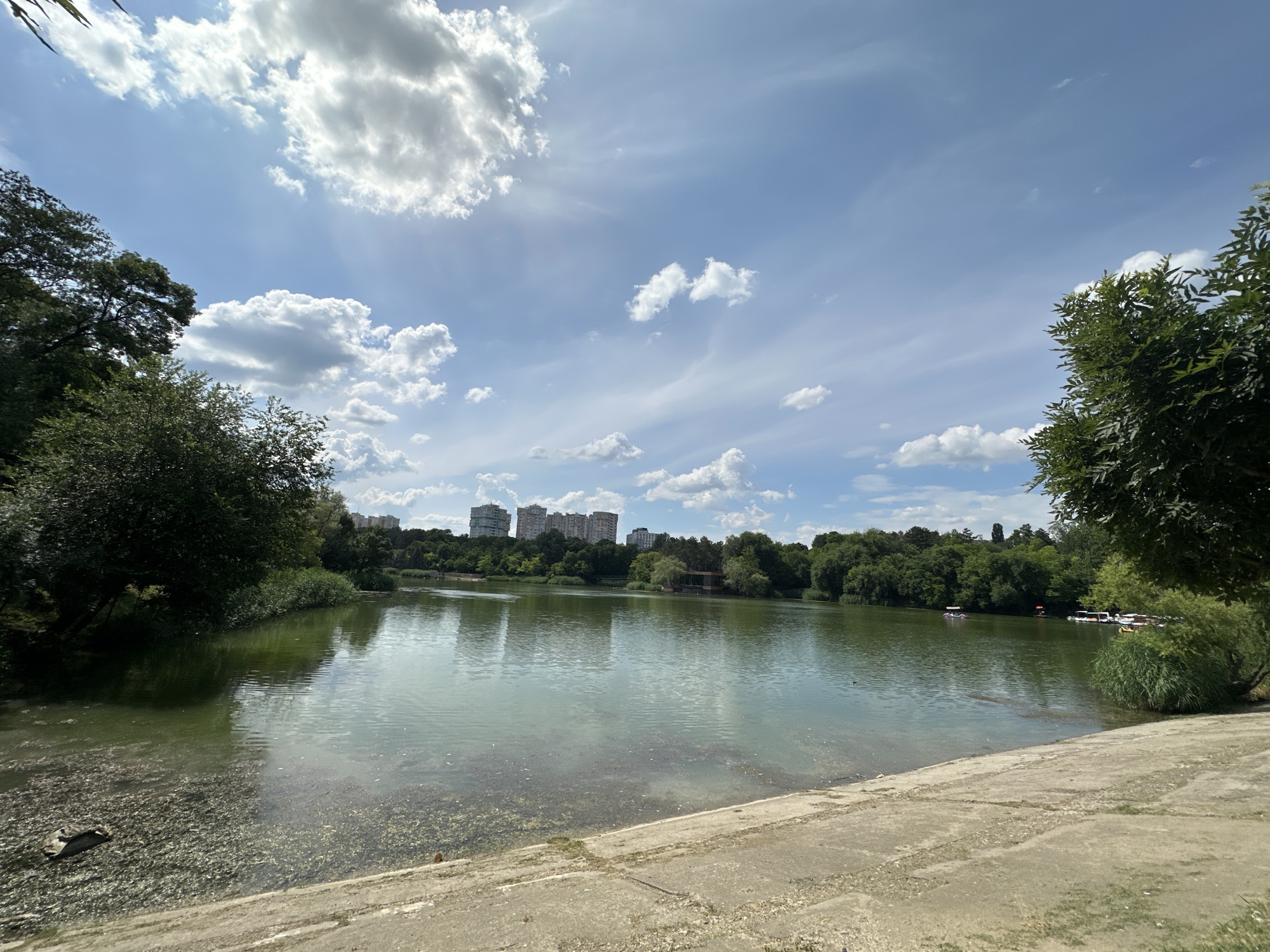 This is a scenic view of a lake in Chișinău, Moldova, likely located within a park. The foreground features a concrete embankment leading down to the water's edge. The lake itself is a murky green, with some debris floating on the surface. Lush green trees and vegetation line the far bank of the lake, and in the distance, several multi-story residential buildings are visible above the treeline. The sky is a bright blue, dotted with white, fluffy cumulus clouds. The sun is shining, casting a bright light over the scene. There are a few small boats on the water, suggesting recreational activity.