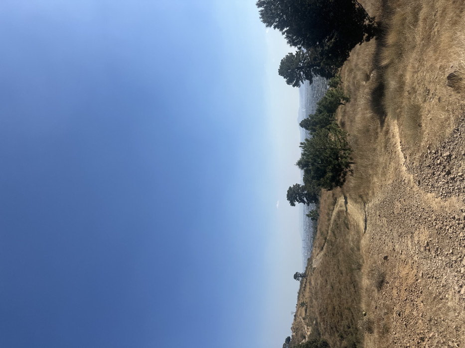 A landscape scene shows a gradient sky, transitioning from deep blue to hazy light blue near the horizon. A hillside is covered in dry grass and scattered trees. In the distance, a city is visible through the haze. A winding trail cuts through the grassy slope. The foreground includes gravel and rocky terrain.