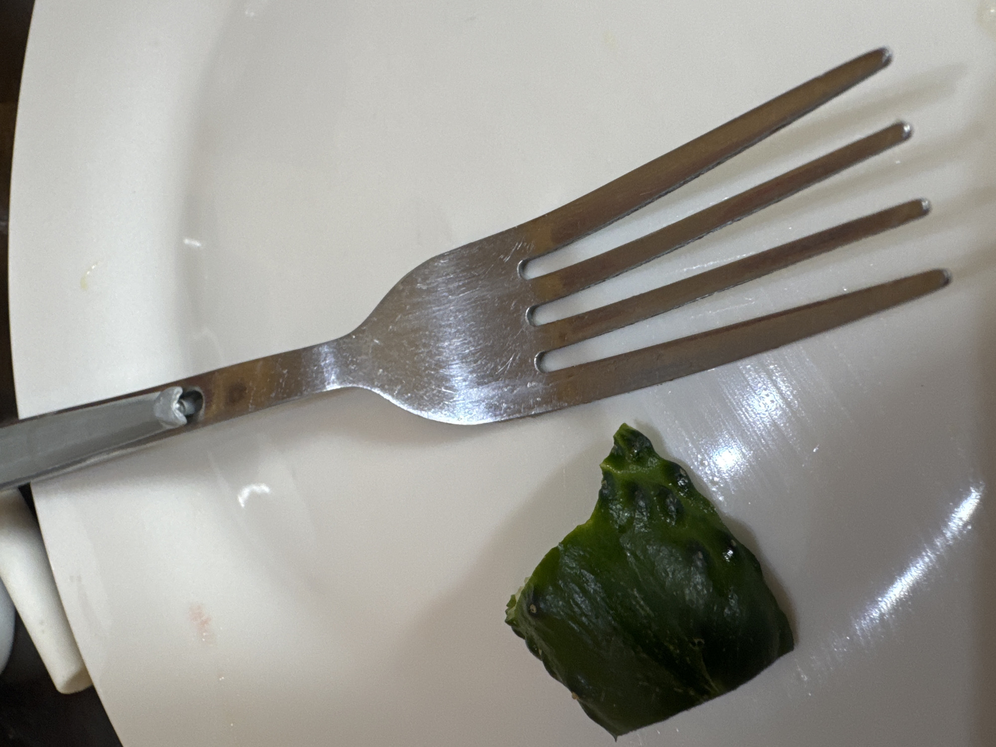 A close-up, overhead shot shows a metal fork positioned on a white plate. To the left of the fork, a piece of green, leafy vegetable rests on the plate. The plate appears to have some faint reddish and yellowish smudges on its surface. The background is out of focus, but suggests a dark countertop and a white object, possibly a pitcher or container. The scene does not provide any information to ascertain its location in Waterford, Ireland.