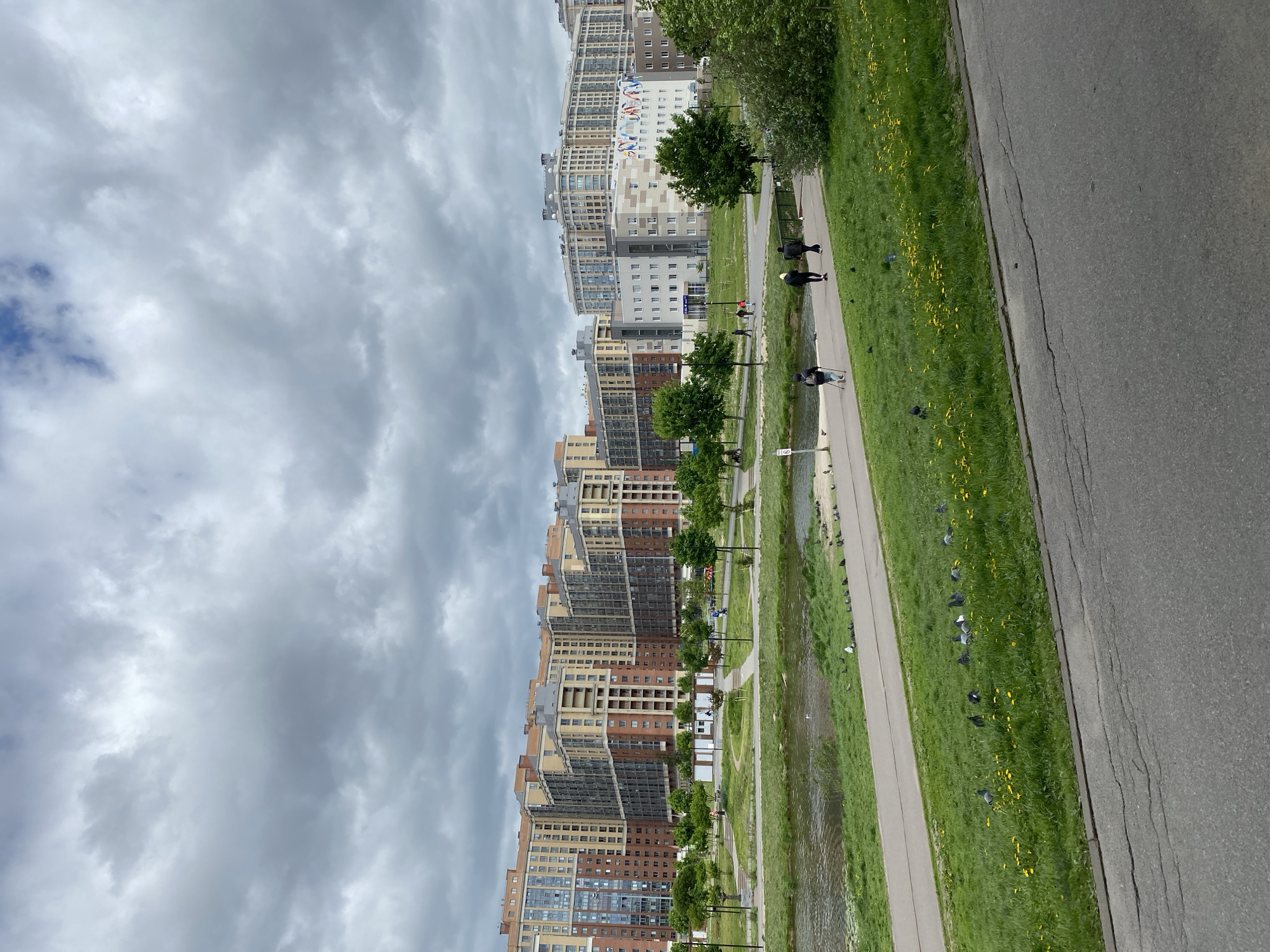 The image depicts a view of an urban landscape, likely taken from an elevated position. A row of tall apartment buildings with varied color schemes (brown, beige, and white) lines the left side of the frame, stretching into the distance. A promenade runs parallel to the buildings, featuring a narrow body of water alongside a paved path. A few scattered trees provide greenery. Several people are visible along the path, walking or moving at varying speeds. Numerous pigeons are scattered on the grass between the pathway and a paved road. A stretch of gray asphalt road occupies the right side of the image, showing cracks in its surface. The sky above is overcast with dark, heavy clouds. The location appears to be a residential area with a recreational pathway beside the buildings and a road on the opposite side.