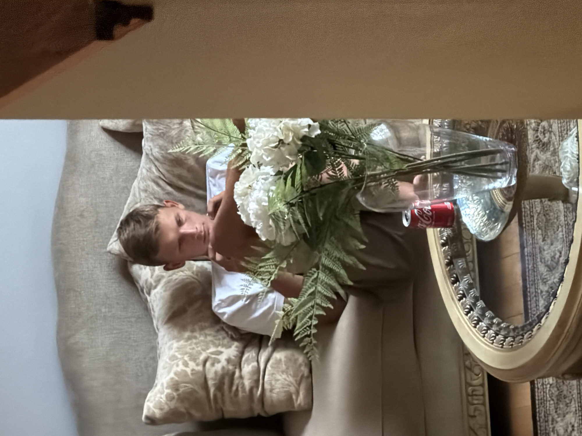 The image depicts an indoor scene, likely a living room, with a young man sitting on a plush sofa. The man is wearing a white t-shirt and appears to be looking down, with his arms crossed. In the foreground, a glass vase filled with white flowers and greenery sits on an ornate coffee table. A can of Coca-Cola is also visible on the table. The room features a large, upholstered sofa with decorative pillows, a patterned rug on the floor, and a wall with textured paint. The lighting suggests it is daytime. The exact location within Ham Lake, United States of America, cannot be determined from the image alone.