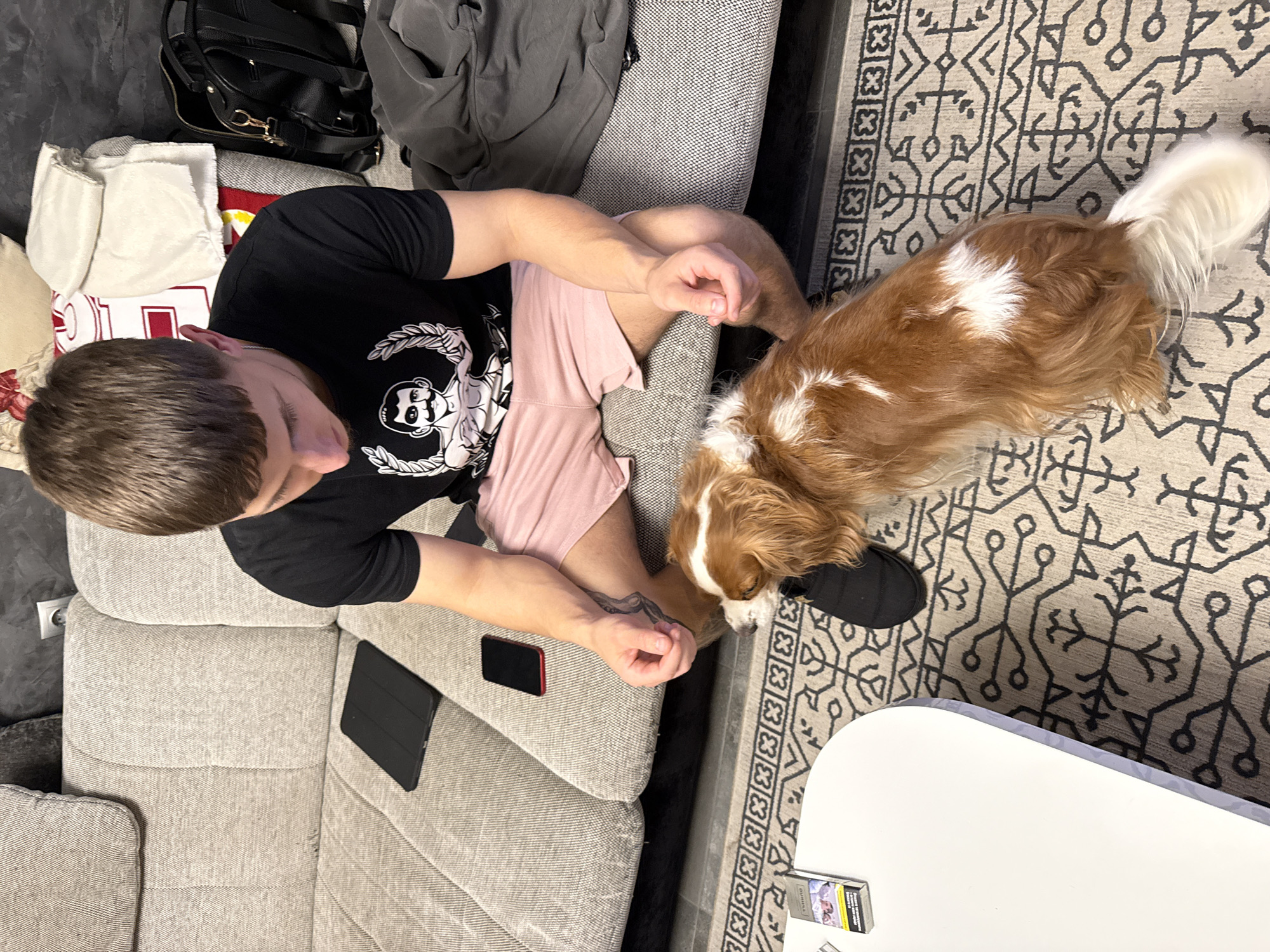 An overhead shot captures a man and a dog indoors, likely in a living room in Sofia, Bulgaria. The man, with short brown hair, is seated casually on a light grey sectional sofa, wearing a black t-shirt with a white graphic depicting a stylized figure with a mustache and a laurel wreath, and light pink shorts. A tattoo is visible on his left forearm.
Beside him, a brown and white dog, possibly a Cavalier King Charles Spaniel, stands or sits on a light-colored rug with a dark grey geometric pattern, looking towards the man's feet. The dog has long, fluffy ears and a prominent white, bushy tail. On the sofa, a black smartphone and a black tablet are placed near the man.
To the right, a portion of a small, white, rounded table is visible. On this table rests a pack of "DURHANS" cigarettes. Clearly legible health warnings on the pack include "Smoking kills. Smokers die earlier." and another line partially visible below it. In the background on the sofa, a black leather bag and some grey clothes are casually draped. The overall scene suggests a relaxed, everyday moment indoors.