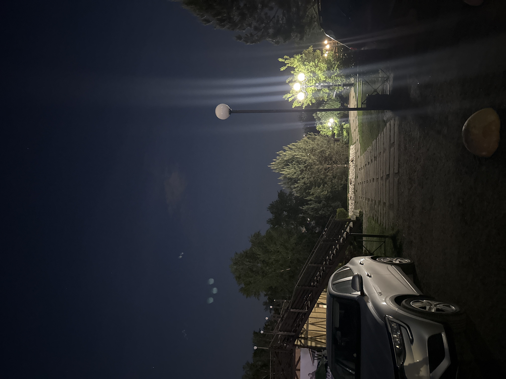 The image shows a nighttime scene, possibly in a park or recreational area. Streetlights illuminate a paved walkway or path lined with greenery, including trees and shrubs. A white car is parked in the foreground. There is a building or structure with a wooden railing, possibly a gazebo or covered area. The sky is dark, suggesting it is late at night.
While I do not have specific information about the location in the city of Izhevsk, Russia, or the precise objects or actions, I can provide a comprehensive description of the content of the image.