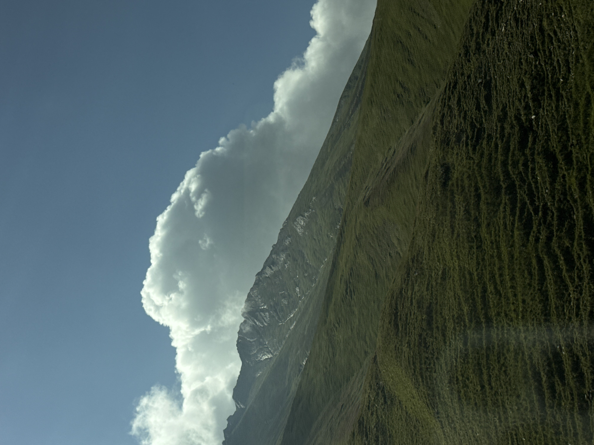 A sweeping view of a lush green mountainside under a bright blue sky, partially obscured by a dramatic, billowing white cloud. The mountain slopes are covered in dense, textured green grass, with the upper reaches revealing rocky, uneven terrain. A thin ribbon of what appears to be snow or ice is visible on the higher slopes. The scene is dominated by natural elements, with no signs of human presence or urban development. The lighting suggests it is daytime, possibly mid-afternoon, given the angle of the sun and the shadows cast. The overall impression is one of a vast, untouched natural landscape.