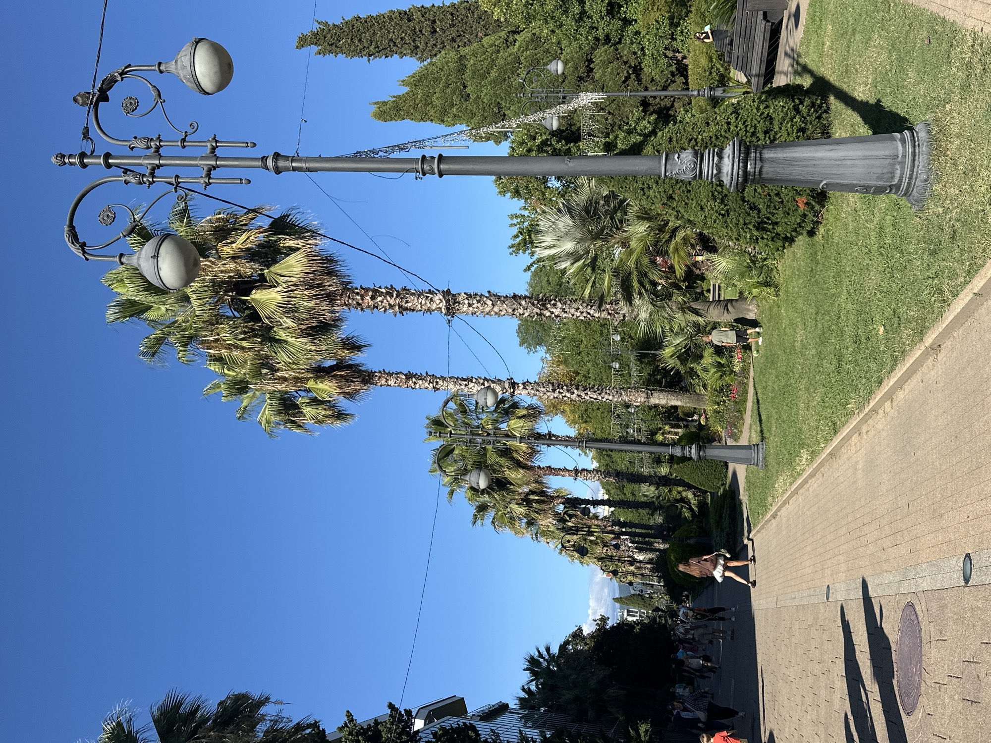 The image depicts a wide, paved pedestrian walkway in an outdoor park-like setting, likely along the coast or a promenade in Sochi, Russia, given the abundance of palm trees and lush greenery. The walkway is lined on the left by a modern building with glass-fronted balconies and on the right by a well-maintained grassy area with flowerbeds and more palm trees.
Several people are visible on the walkway. In the foreground on the left, a group of individuals are walking, with shadows cast by an unseen object to their left indicating the sun is high. One person, a woman with dark, long hair, is walking away from the camera towards the center of the frame, wearing a brown top and a white skirt, carrying a bouquet of flowers. Further down the walkway, more people can be seen strolling.
The right side of the image is dominated by a row of tall, mature palm trees and other various green trees and shrubs. Ornate, dark lampposts with multiple lights are strategically placed along the pathway, enhancing the visual appeal of the area. One lamppost in the foreground is particularly detailed, showcasing an antique design. In the grassy area, a young boy is visible playing, and further back, a person is sitting on a park bench. The sky is a clear, vibrant blue, suggesting a sunny day. The overall atmosphere is one of a well-developed urban recreational space.