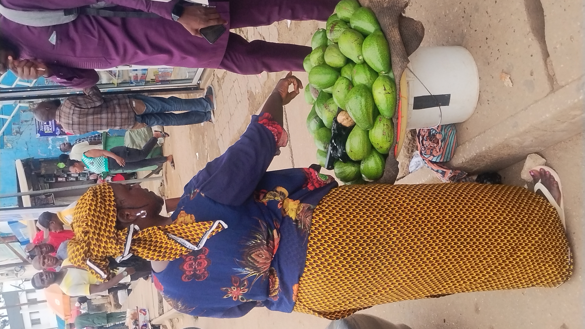This image captures a vibrant street scene, likely a market or busy roadside, focused on a woman selling avocados. The primary subject is a woman with dark skin, positioned in the foreground and center, wearing a long-sleeved blue top with red and gold floral patterns and a long, patterned skirt in shades of yellow and brown. She also wears a yellow and brown patterned headwrap and earrings. Her right hand is raised, possibly gesturing or holding something unseen, as she stands beside a large, overflowing woven basket filled with numerous green avocados. A white bucket with black tape is visible near the avocado basket, resting on the ground.
In the background, several other individuals are present. To the left, a man in a purple long-sleeved top is partially visible, holding a phone. Further back, another man in a plaid shirt and jeans stands, and behind him, a woman in a light green and white checkered top and black pants is also standing. Other blurred figures suggest a bustling environment. The ground appears to be paved or concrete.
The scene takes place during the daytime, with ample natural light illuminating the area. The general atmosphere suggests a lively commercial setting. A partially visible sign in the background includes the text "NOT ALONE." On the main woman's skirt, the text "ROCK PRINTS IMAGE" can be faintly discerned.