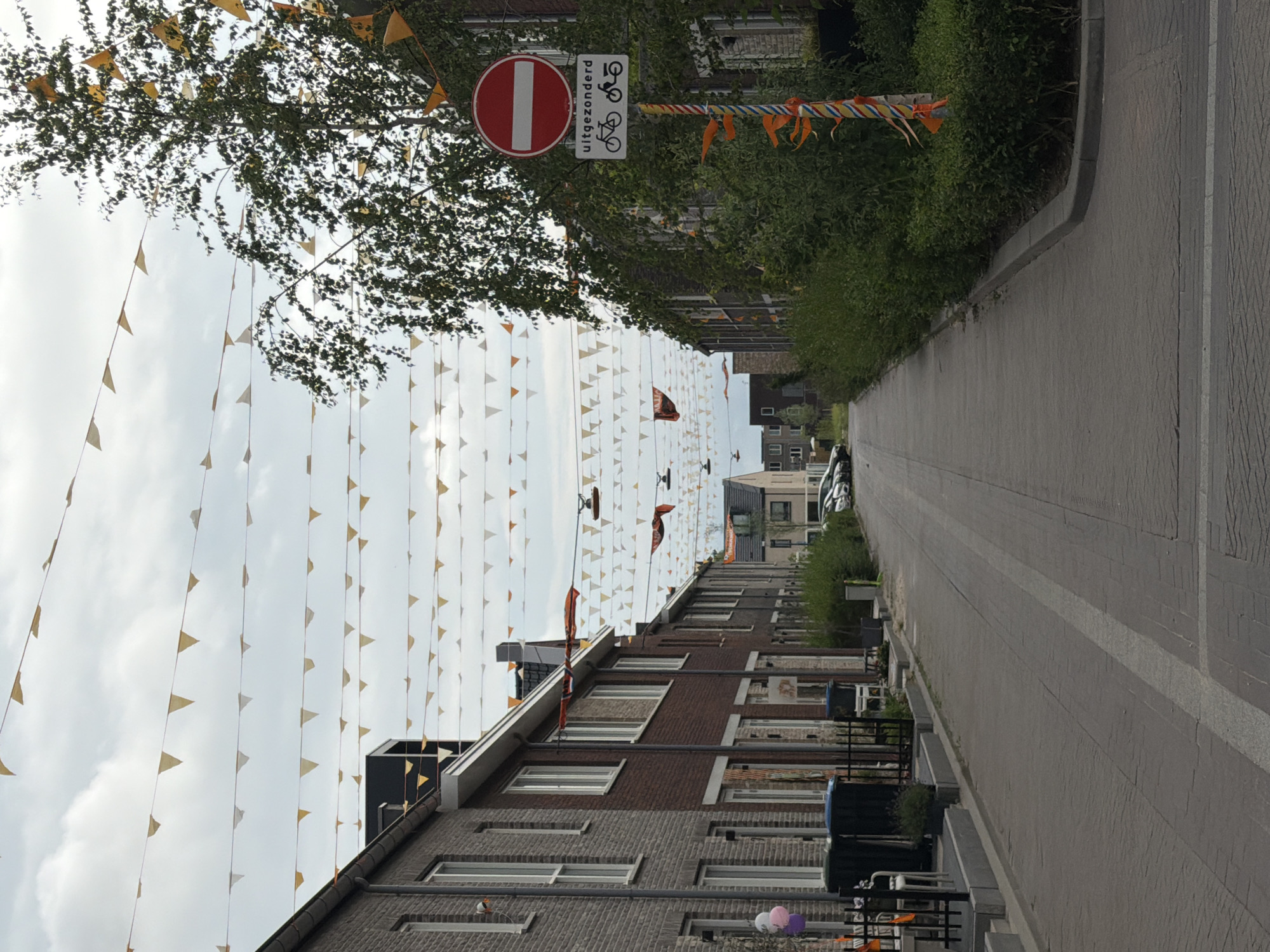 This image depicts a street in the city of Rijswijk, Netherlands, characterized by rows of residential houses and decorative elements. The street is paved with cobblestones and features a white painted line down the center. Along the houses, several trash bins are visible. The sky is overcast with a pattern of strings of triangular flags, predominantly in shades of yellow and orange, stretched across the street, creating a festive atmosphere.
On the right side of the street, a tree with green foliage stands prominent, partially obscuring a traffic sign. This sign is circular, red, and white, indicating "no entry" for vehicles. Below this, a rectangular sign displays text in Dutch, "uitgezonderd," meaning "except," followed by pictograms of a bicycle and a moped, suggesting these are permitted. The signpost itself is adorned with colorful striped ribbons and orange flags.
Further down the street, more houses are visible, some with modern architectural features. Several cars are parked along the side of the road. The overall scene suggests a quiet residential area, possibly decorated for a local event or celebration. The lighting indicates it is daytime, but the cloud cover creates diffused light.