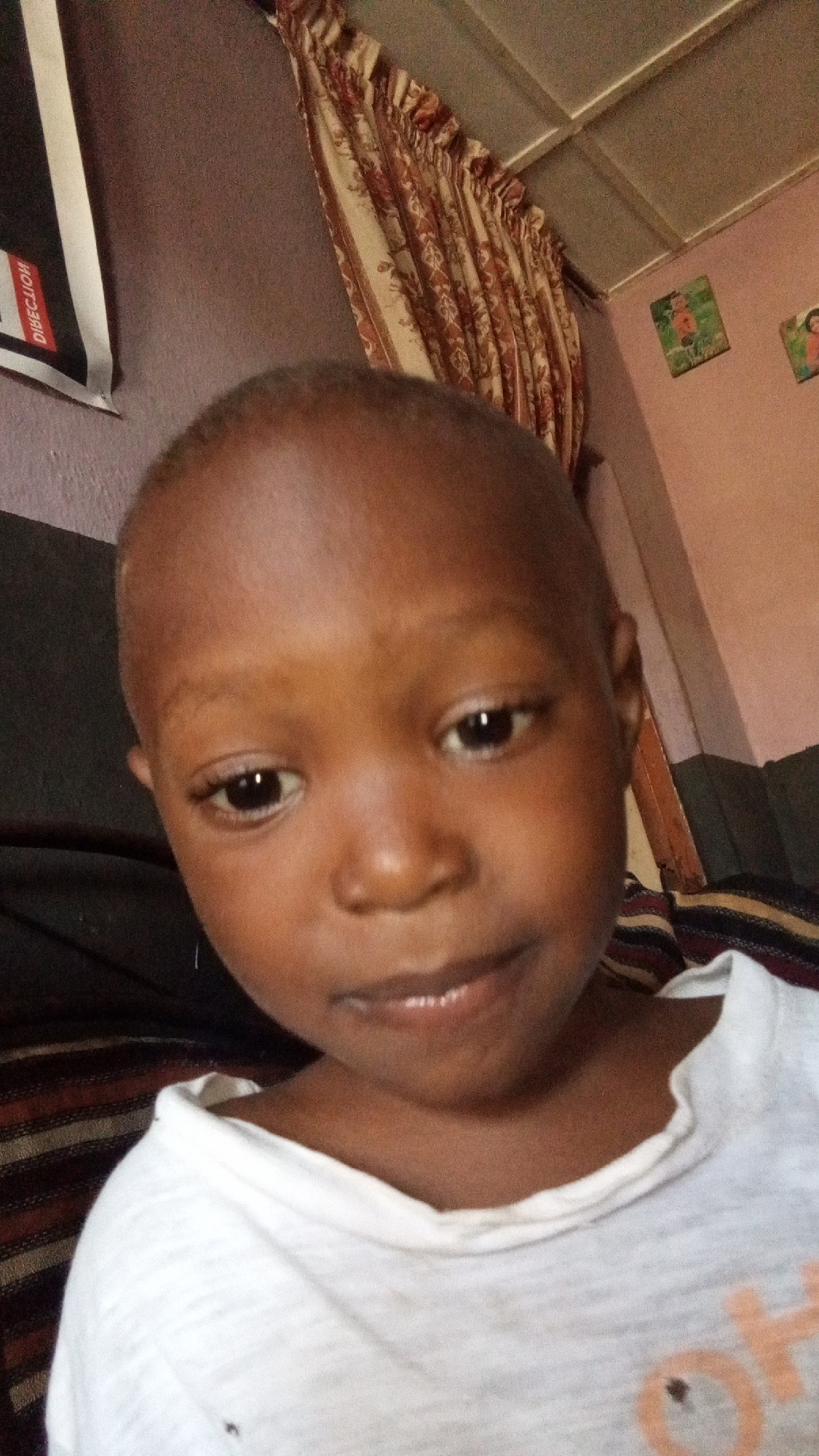 A close-up, eye-level portrait features a young child, likely a toddler or preschooler, with dark skin and a short, shaved hairstyle. The child's face is the central focus, presenting soft, dark eyes that gaze slightly downwards and to their right, accompanied by a subtle, gentle expression. They are dressed in a plain white t-shirt with a wide collar, and a partial light orange graphic, possibly "OH" or "HO," is visible on the lower right side of the shirt.
The background indicates an indoor setting, likely a room within a home. To the left, a portion of a wall displays a black and white poster or banner with reversed text, possibly reading "MOITCELION" or a similar mirrored word, featuring a red band. On the right, light-colored curtains with a red and beige floral or patterned design hang. Above the curtains and to the far right, part of a ceiling with white rectangular panels is visible. Below the ceiling on a pinkish wall, two small, square framed pictures or decals with colorful illustrations are mounted. A striped fabric object, possibly part of a cushion or furniture upholstery, can be seen in the lower left background. The scene is illuminated by soft, diffused lighting, creating a calm and candid atmosphere.