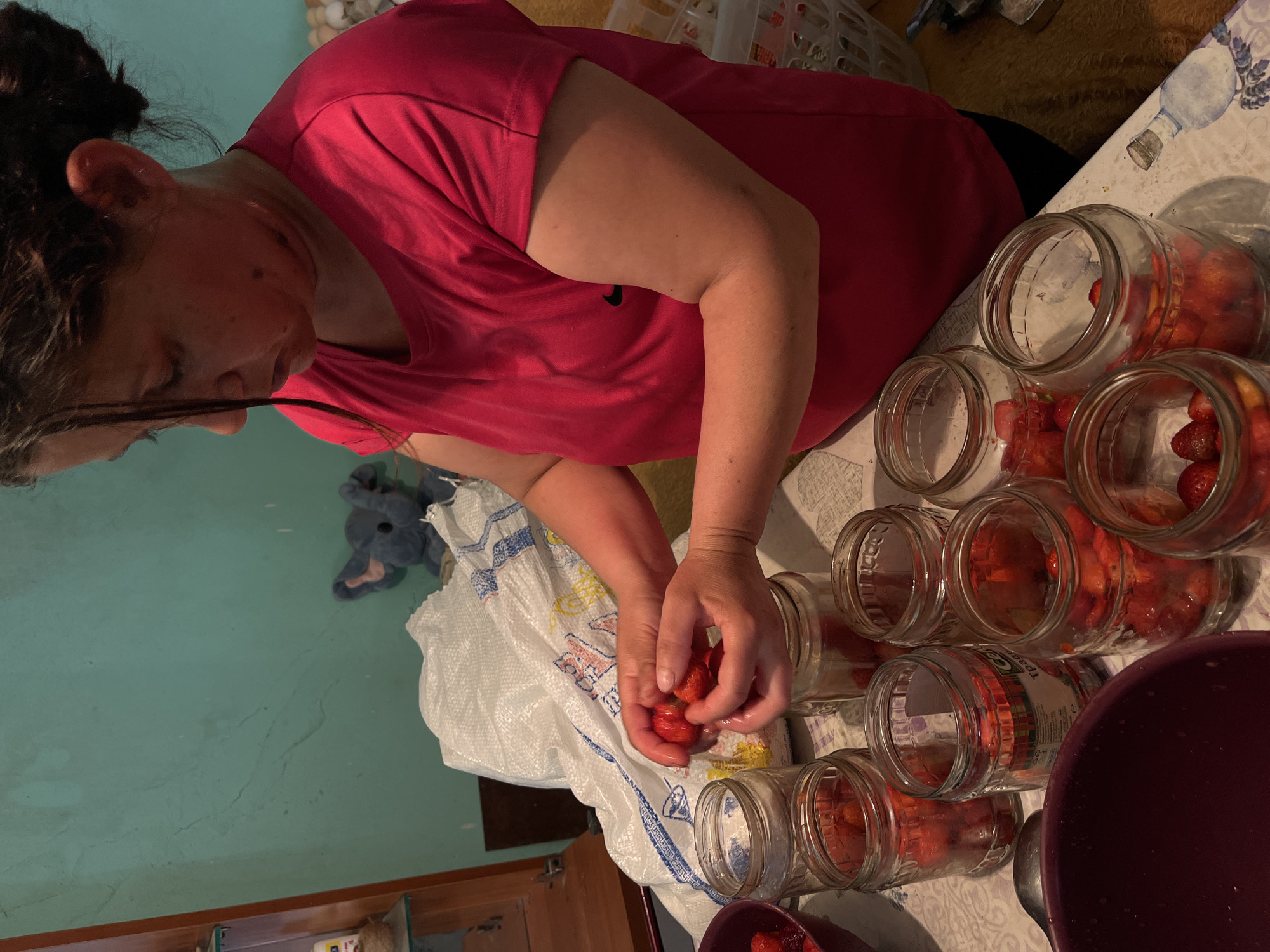 The image depicts a domestic scene in Lozarevo, Bulgaria, focused on a woman engaged in food preparation. A woman, appearing to be middle-aged with dark hair, is positioned in the center-right, facing downwards and towards the left. She wears a short-sleeved, bright pink t-shirt with a small black Nike logo on the upper left sleeve. Her hands are actively placing red strawberries into clear glass jars arranged on a surface in the foreground.
Eight glass jars, mostly filled with red strawberries, are visible on a countertop covered with a white tablecloth featuring a subtle patterned design and a graphic of a bottle with lavender flowers on the right side. A large, dark purple plastic bowl, also containing strawberries and a metal spoon, is positioned on the far left of the countertop. In the background, a large, white woven polypropylene sack with red and blue Cyrillic markings rests on the surface, behind the jars and the woman's arms. Behind the sack, a grey stuffed elephant toy is visible against a light teal or greenish-blue painted wall. To the far left, part of a wooden shelving unit with glass shelves, holding a white container and a ball of twine, is discernible. A white plastic basket is partially visible on the far right. The floor in the lower right appears to be covered with a yellowish-brown textured material.