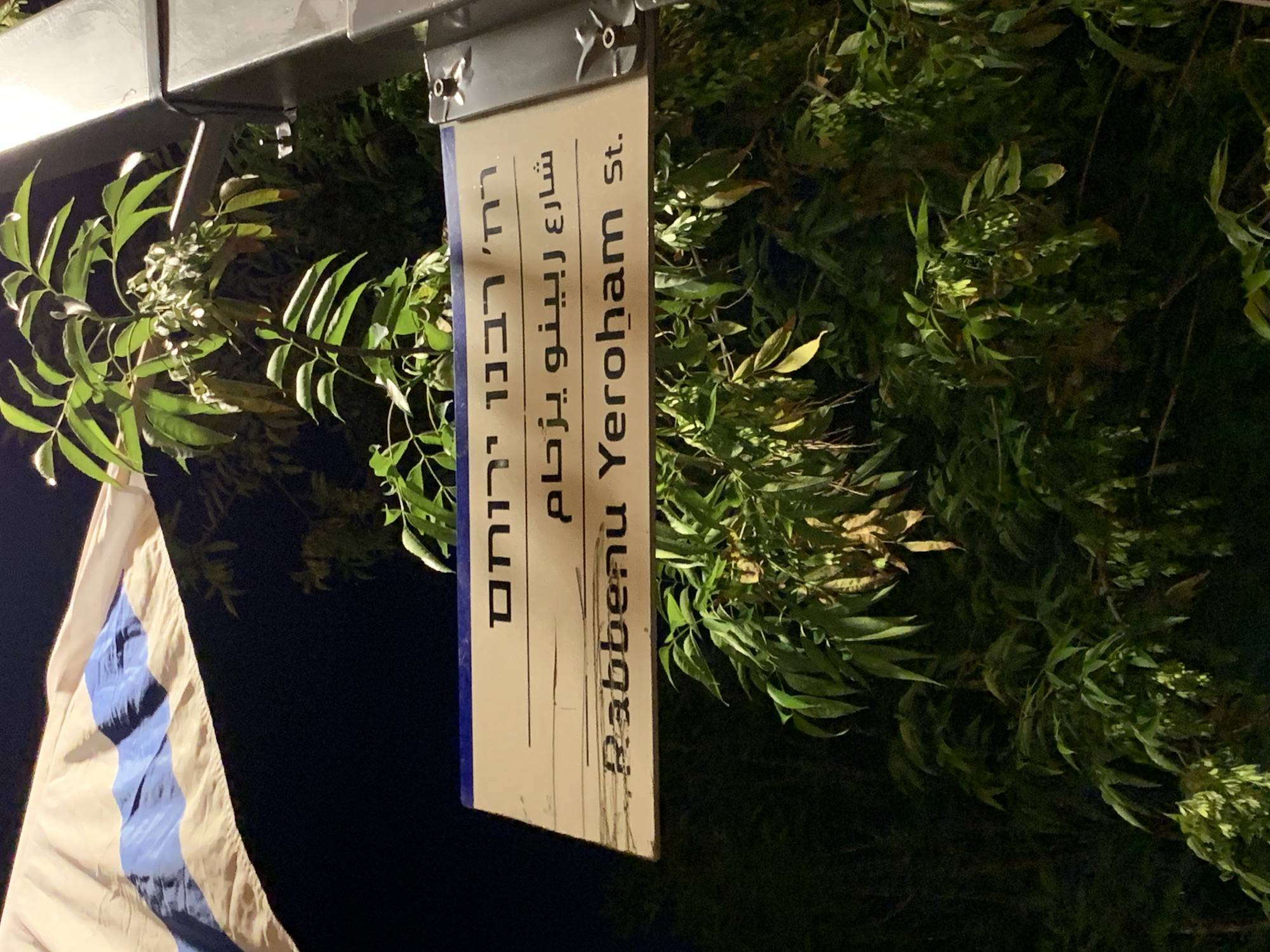 An angled, outdoor, close-up shot focuses on a street sign for "Rabbeinu Yeroham St." written in both English and Hebrew (and possibly Arabic). The sign is off-white with blue edges and black lettering, appearing slightly worn. The sign is attached to a metal support structure, partially obscured by greenery. Lush green foliage fills the right side of the frame. In the lower left, a portion of a flag with blue and white stripes is visible. The dark background suggests it is nighttime. The location is inferred to be Tel Aviv, Israel, based on the Hebrew on the sign.