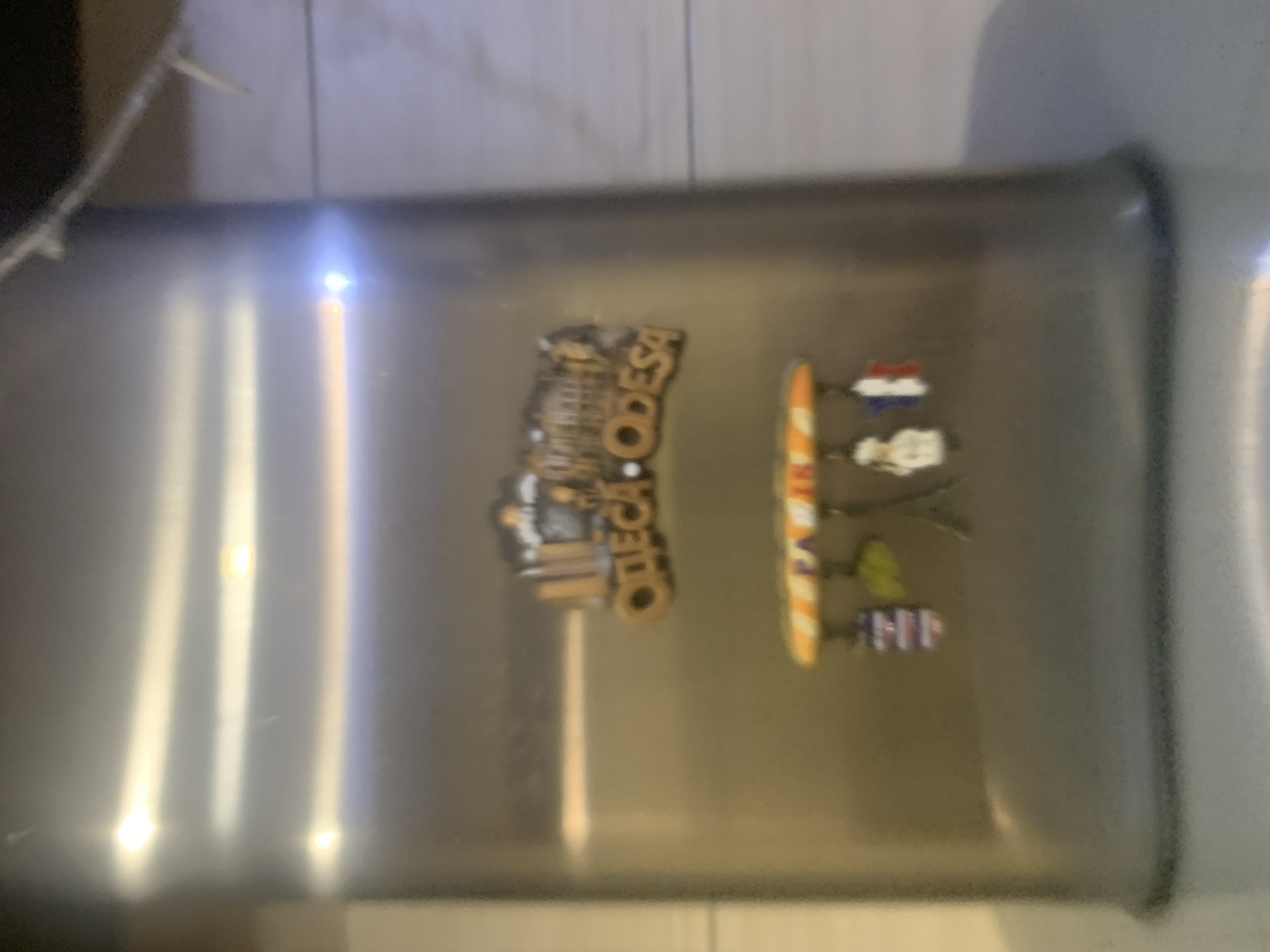 The image shows a metallic surface, likely a refrigerator door, with two distinct magnets. The upper magnet is a colorful depiction of what appears to be a landmark or city skyline, with text that reads "ODESSA". The lower magnet features a horizontal bar with several small charms hanging from it. These charms include what looks like a mini Eiffel Tower, a small chef figure, and two French flags. The lighting in the image is harsh, creating glare and reflections on the metallic surface, obscuring some details. The background is a muted, out-of-focus wall. The context suggests these are souvenir magnets from visits to Odessa and Paris.